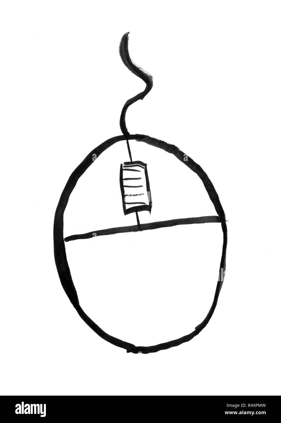 Schwarze Tinte Hand Zeichnung der Computermaus Stockfoto
