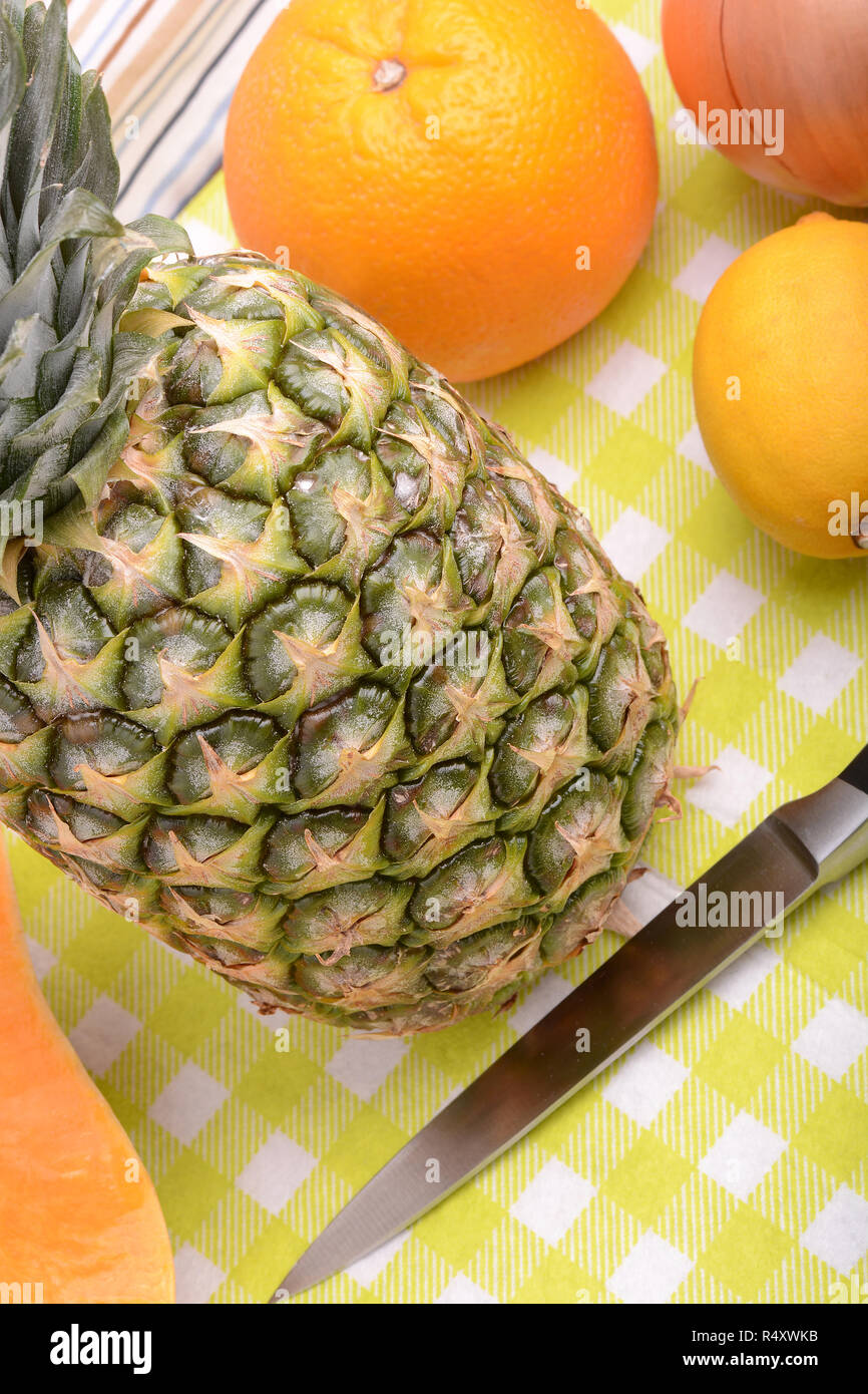 Sammlung von Obst und Gemüse. Ananas, Zitrone, Grapefruit, Kürbis, Orange Stockfoto
