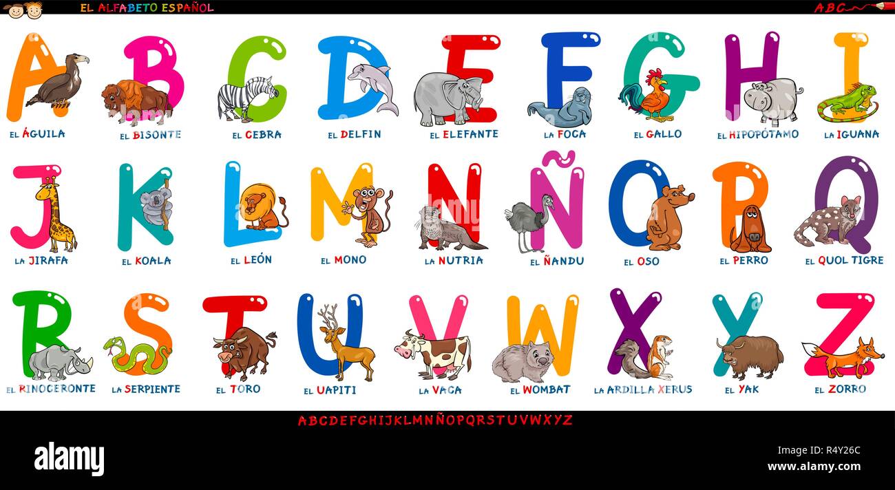 Cartoon Illustration der Pädagogischen Bunte spanische Alphabet oder Alfabeto Espanol Set mit lustigen Tieren Stock Vektor