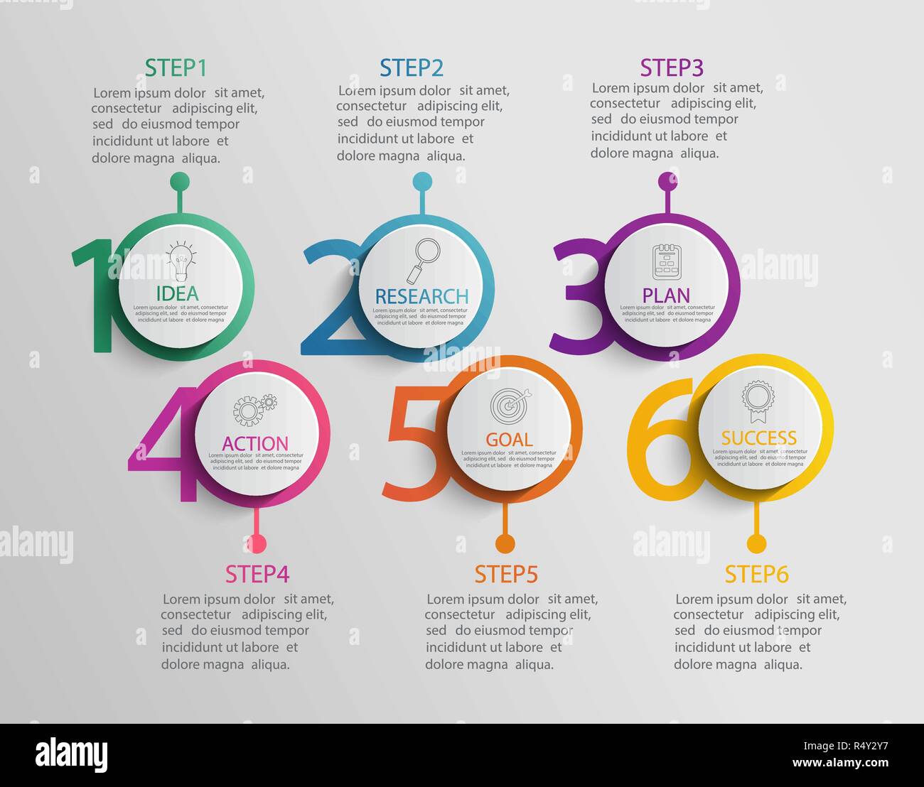 Papier Infografik Vorlage mit 6 Kreis Optionen für Präsentation, Visualisierung von Daten. Business Process Chart. Diagramm mit sechs Schritte zum Erfolg. für Inhalte, Flussdiagramm, Workflow. Vector Illustration Stock Vektor