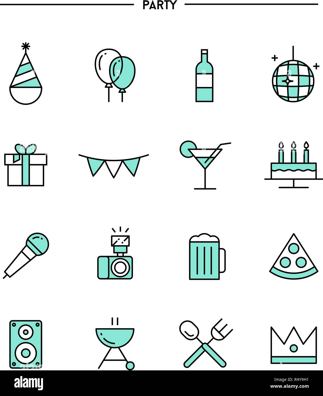 Der flache Bauform, dünne Linie Partei Symbole Stock Vektor