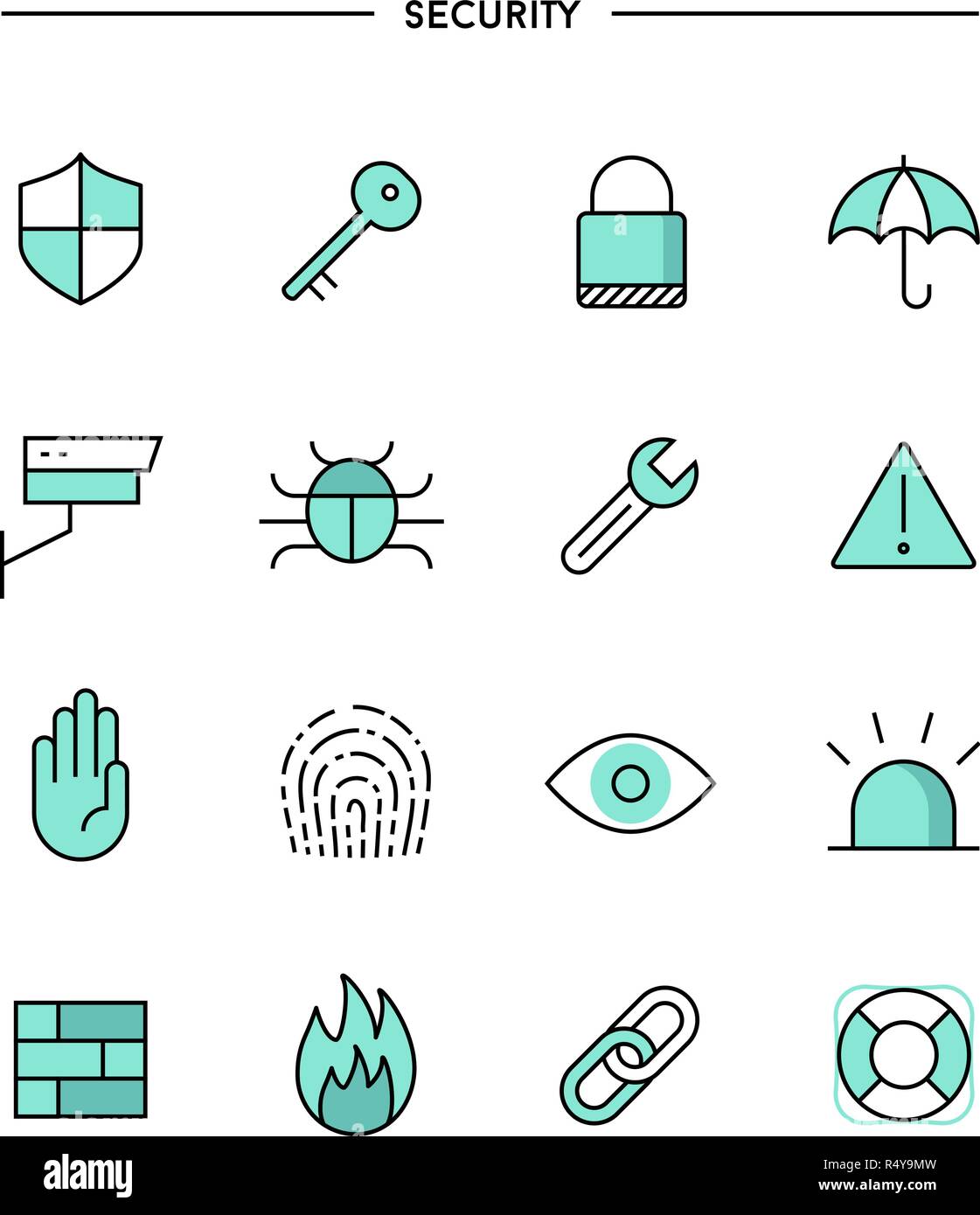Der flache Bauform, dünne Linie Sicherheit Ikonen Stock Vektor