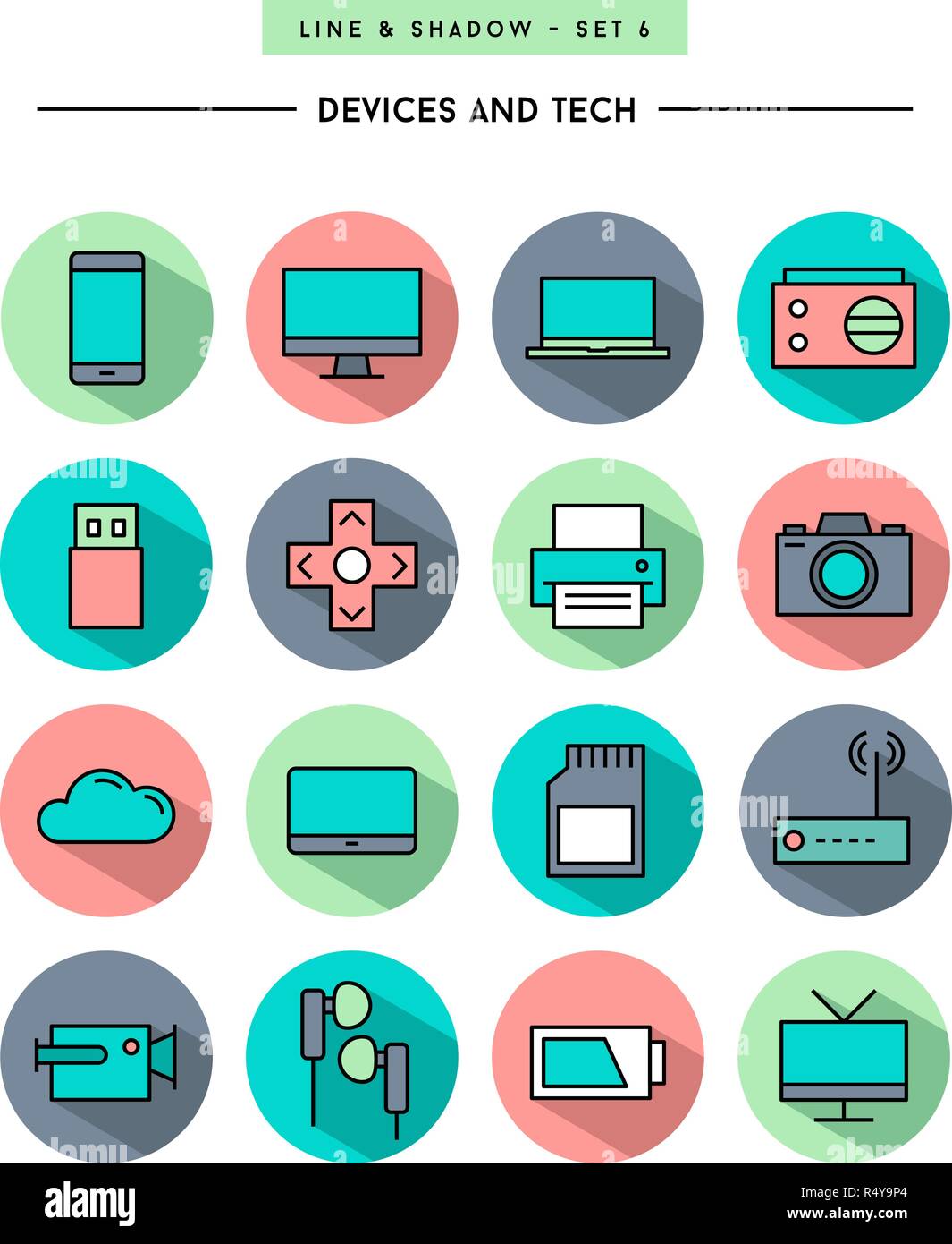 Der flache Bauform, lange Schatten, dünne Linie Geräte und Tech Symbole Stock Vektor