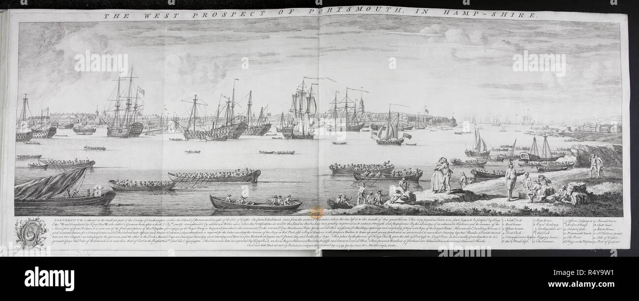 Abbildung: eine Flotte von Schiffen aus segeln Portsmouth in Hampshire. 18. . Portsmouth. Eine perspektivische Ansicht von Portsmouth & Gosport. England 1713. Portsmouth. Eine perspektivische Ansicht von Portsmouth & Gosport; von St. Helens... Ias. Lichtkörper delin. H. Hulsberg F. England. Die Aussicht von den Hügeln. Schiffe. Londres: D. Mortier, 1713. Quelle: Karten K. Top. 14.42. d. Sprache: Englisch. Stockfoto