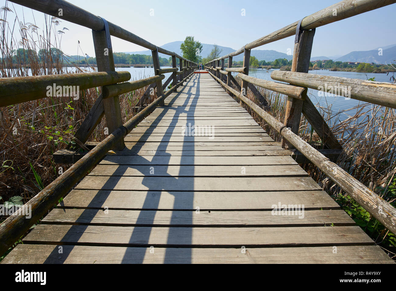 Hölzernen Brücke an Sebino Peat-Bog Nature Reserve, im Süden des Lago d'Iseo, Provinz Brescia, Italien Stockfoto