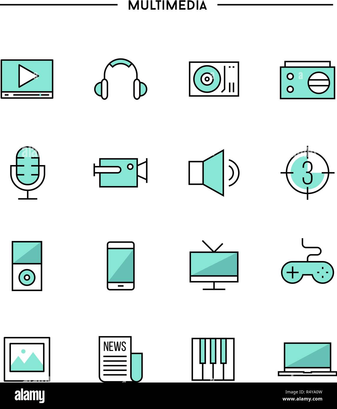 Der dünne Linie Flachbild multimedia Icons Stock Vektor