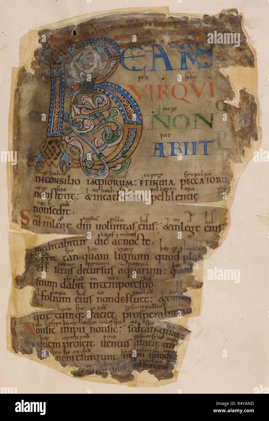 Beleuchtete Seite des 'Codex Membran" Psalter. Die Legende von Beowulf". Quelle: Cotton Vitellius E. XVIII w. 18. Sprache: Latein. Stockfoto