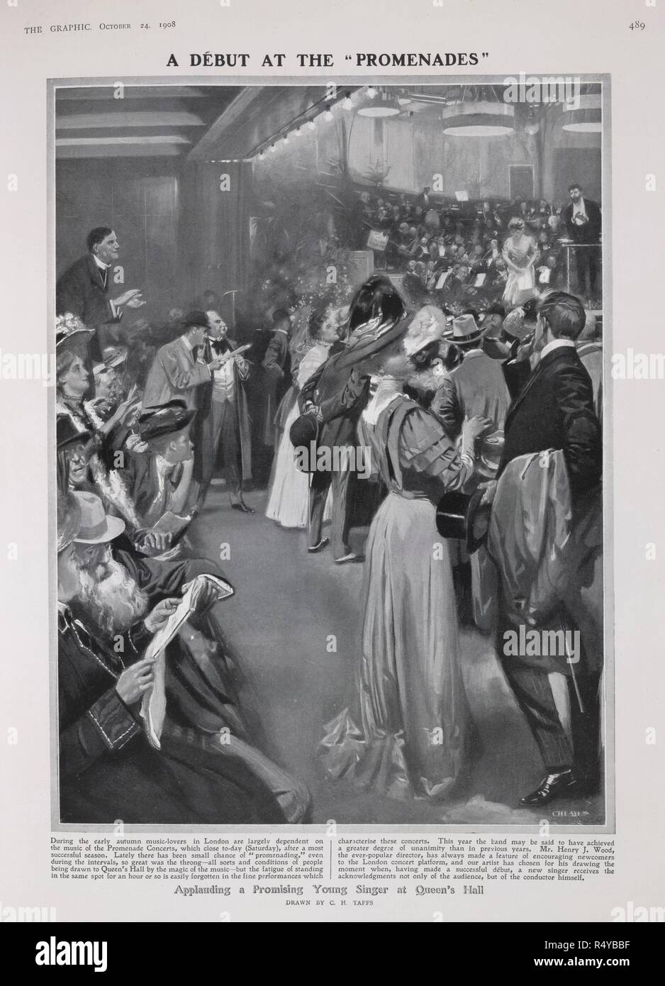 "Ein Debüt an den Promenaden". Das Publikum und Dirigent, applaudierten die Uraufführung einer Sängerin im Queen's Hall. Die Grafik. London, 24. Oktober 1908. Ein von Henry Wood Promenade Konzert. Quelle: Die Grafik. Sprache: Englisch. Stockfoto