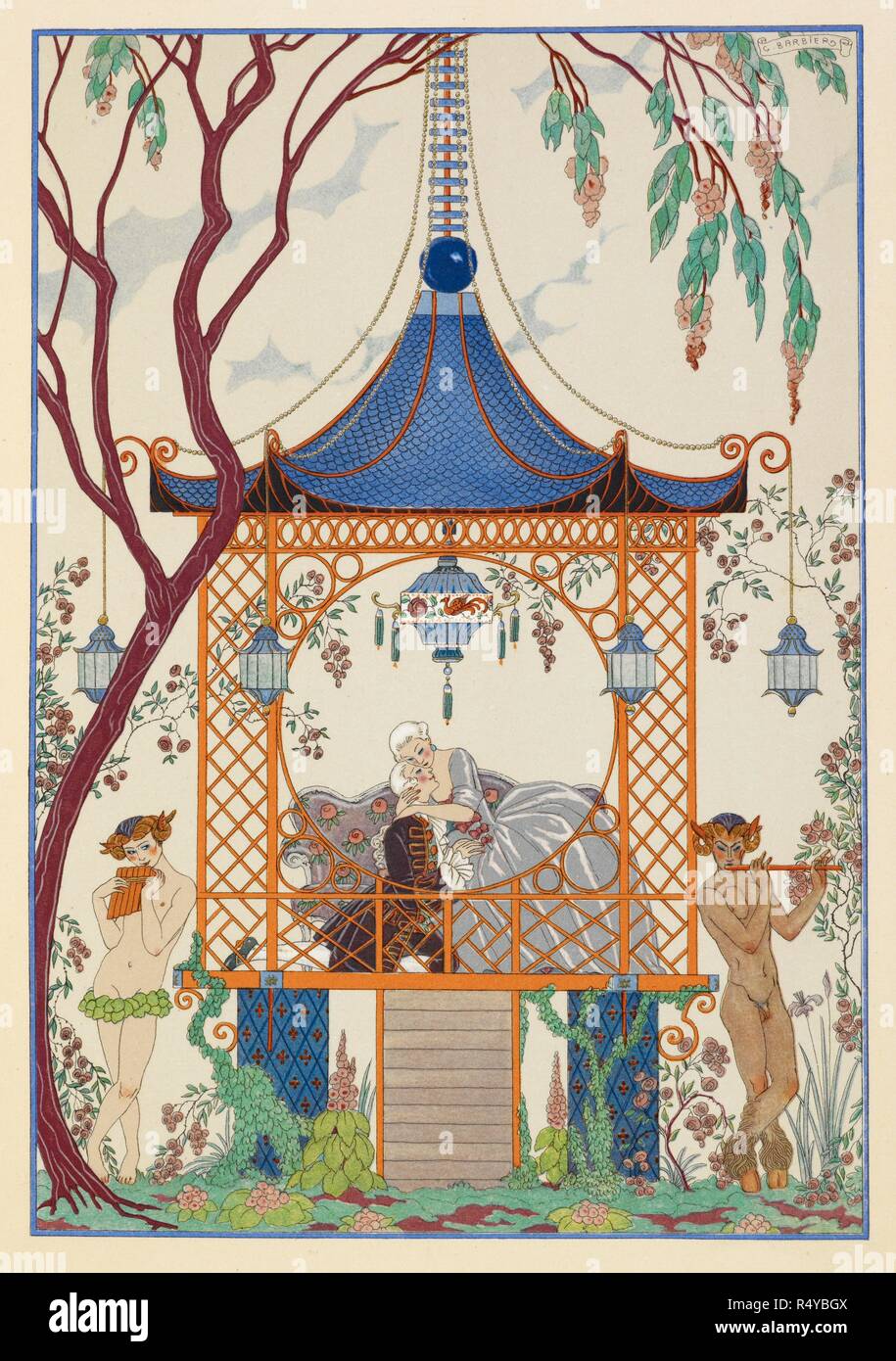 CythÃ¨re. Ein Mann und eine Frau in einem Pavillion, umarmen. Mythische Kreaturen draußen spielen Rohre. FÃªtes galantes. [PoÃ¨mes]. Abbildungen de George Barbier. Paris: H. Piazza, 1928. FÃªtes Galantes ist ein Album aus Romantische Drucke des französischen Lebens unter den oberen Klassen des 19. Jahrhunderts. Reichen Aristokraten des französischen Rechnungshofs verwendet galanten Szenen aus der Commedia dell arte €™, die aufgerufen wurden feste Galantes spielen. Die druckt Paul Verlaine Gedichte begleiten. Jedes Album enthält 20 Lithographie Drucke mit Pochoir Hervorhebung von George Barbier. Quelle: L. vor 45/2847, Seite 51. Langua Stockfoto