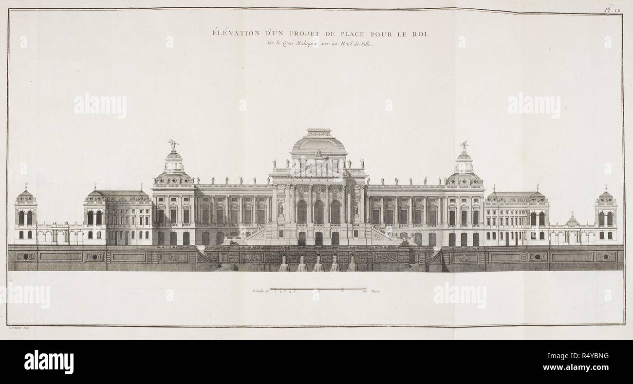 Frontansicht der Französischen Königlichen Palast, der in der Regierungszeit von Louis XV gebaut. . Denkmäler eÌrigeÌs en France aÌ € La Gloire de Louis XV. Paris. Bild von Denkmälern eÌrigeÌs en France aÌ € La Gloire de Louis XV., preÌceÌdeÌe d'€™ un tableau du progreÌ € s des Arts et des Sciences sous ce reÌ € gne... Ouvrage enrichi des Places du Roi, graveÌes en Taille-Douce. 1765. Quelle: 7815. w.27 Platte LII. Sprache: Französisch. Stockfoto