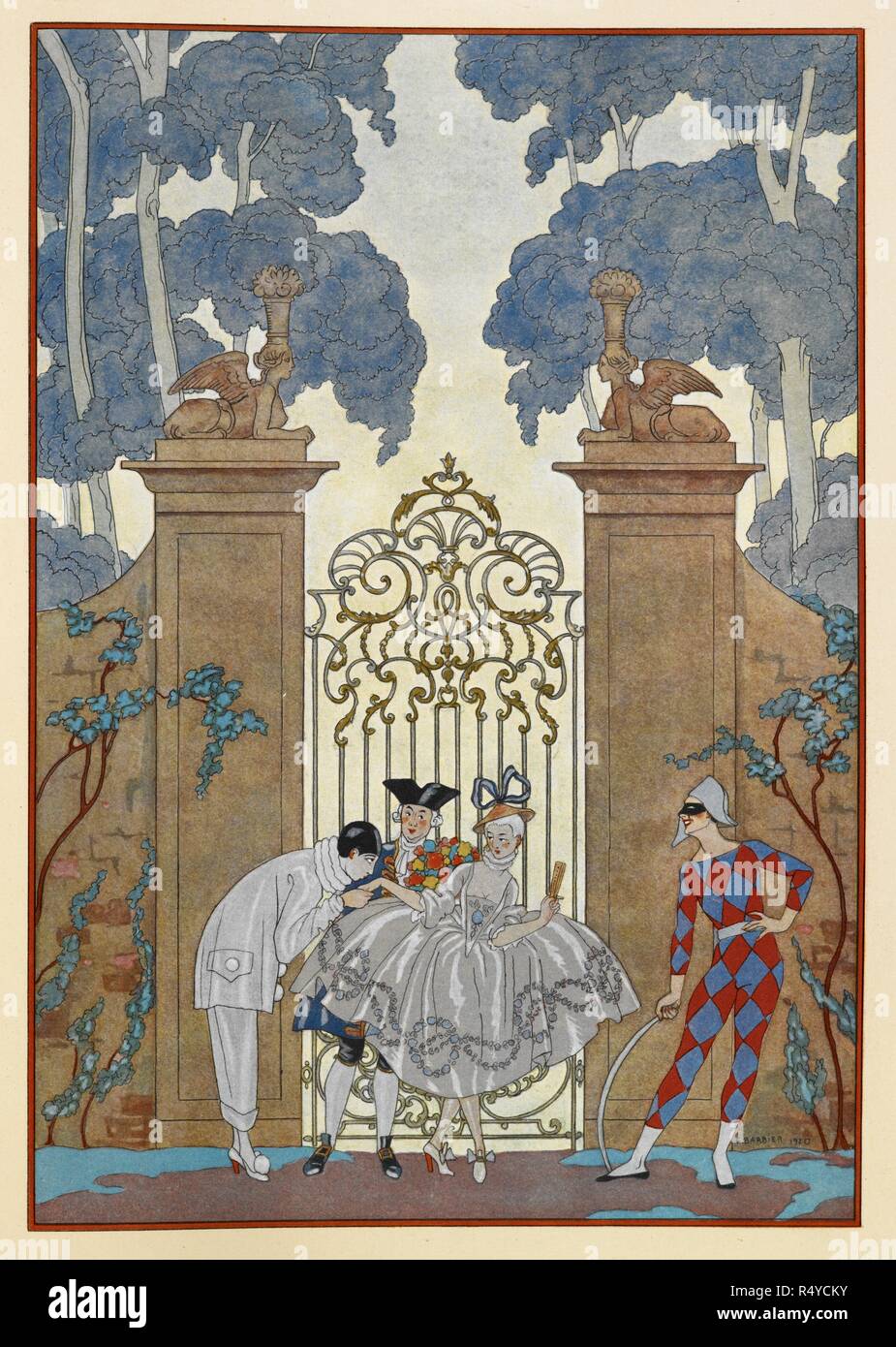 Colombine. Personen außerhalb eines Tores stehen. Ein Pierrot. FÃªtes galantes. [PoÃ¨mes]. Abbildungen de George Barbier. Paris: H. Piazza, 1928. FÃªtes Galantes ist ein Album aus Romantische Drucke des französischen Lebens unter den oberen Klassen des 19. Jahrhunderts. Reichen Aristokraten des französischen Rechnungshofs verwendet galanten Szenen aus der Commedia dell arte €™, die aufgerufen wurden feste Galantes spielen. Die druckt Paul Verlaine Gedichte begleiten. Jedes Album enthält 20 Lithographie Drucke mit Pochoir Hervorhebung von George Barbier. Quelle: L. 45/2847, vor dem 81. Sprache: Französisch. Stockfoto