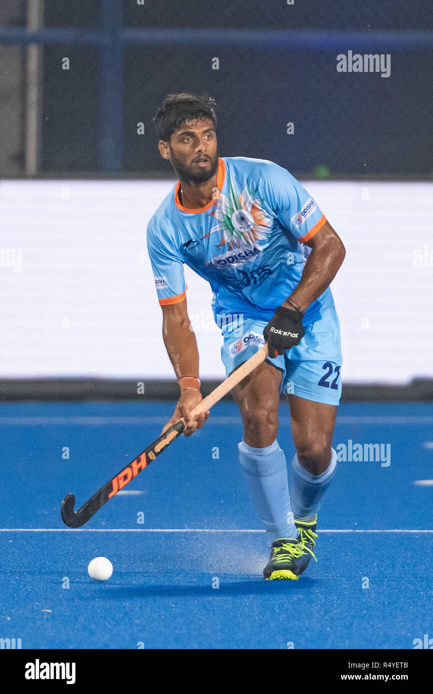 BHUBANESWAR, 28-11-2018, odisha's Hockey Männer Wm Bhubaneswar 2018. Veranstaltungsort: Kalinga Stadion. Varun Kumar während des Spiels Indien gegen Südafrika. Stockfoto