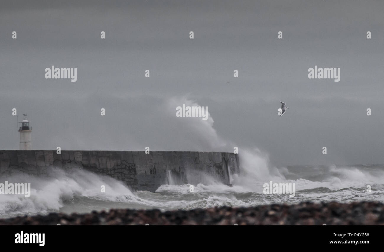 Newhaven, East Sussex, UK..28. November 2018..Starker Wind aus dem Südwesten peitscht die Wellen an der Südküste hoch. Stockfoto