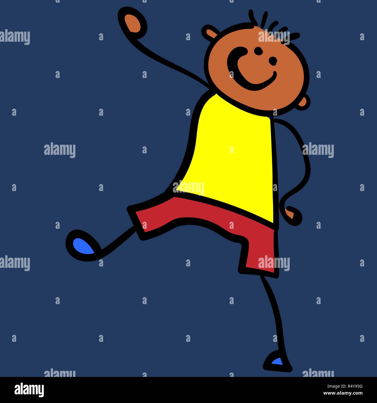 Ein Junge in Shorts und ein T-Shirt kommt. Stil der Zeichnung der Kinder. Vector Illustration. Dunkelblauen Hintergrund. Stock Vektor