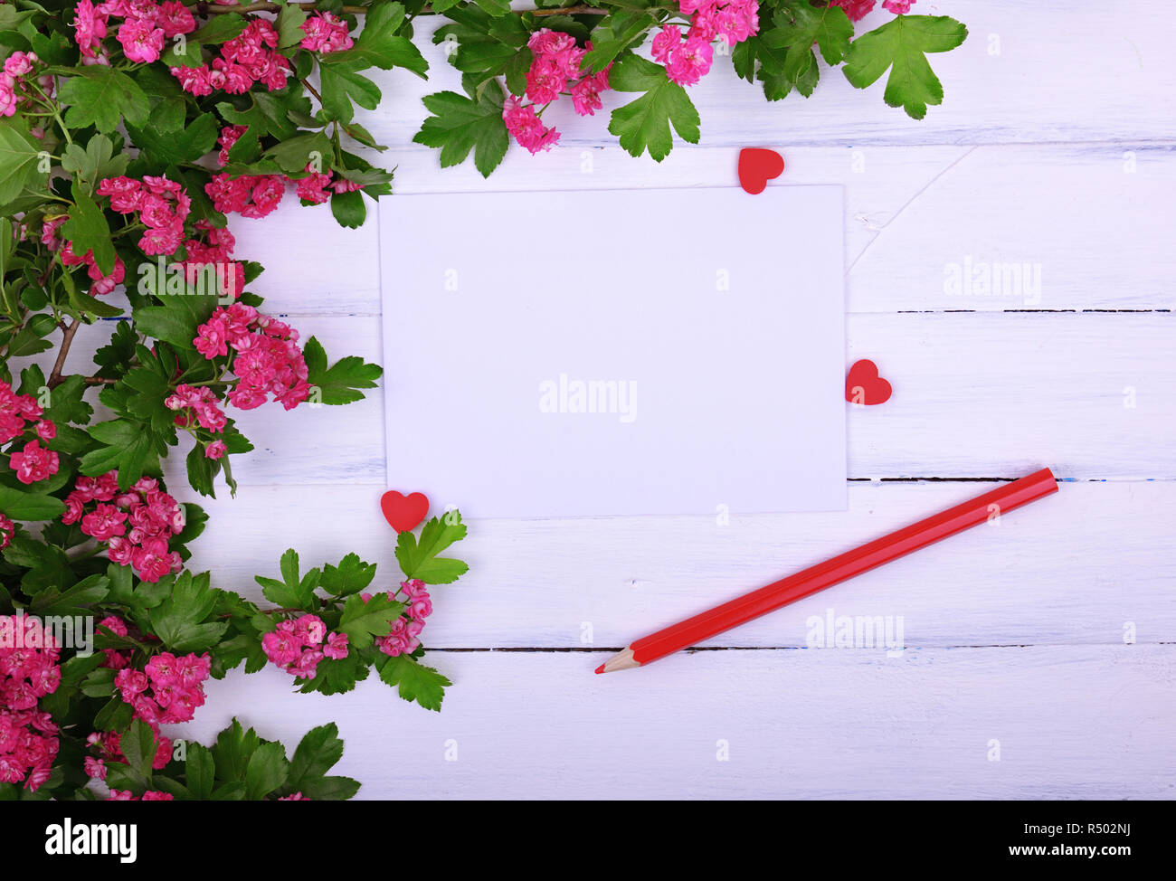 Leeren Blatt Papier und ein rotes Holz Bleistift auf eine weiße Fläche Stockfoto