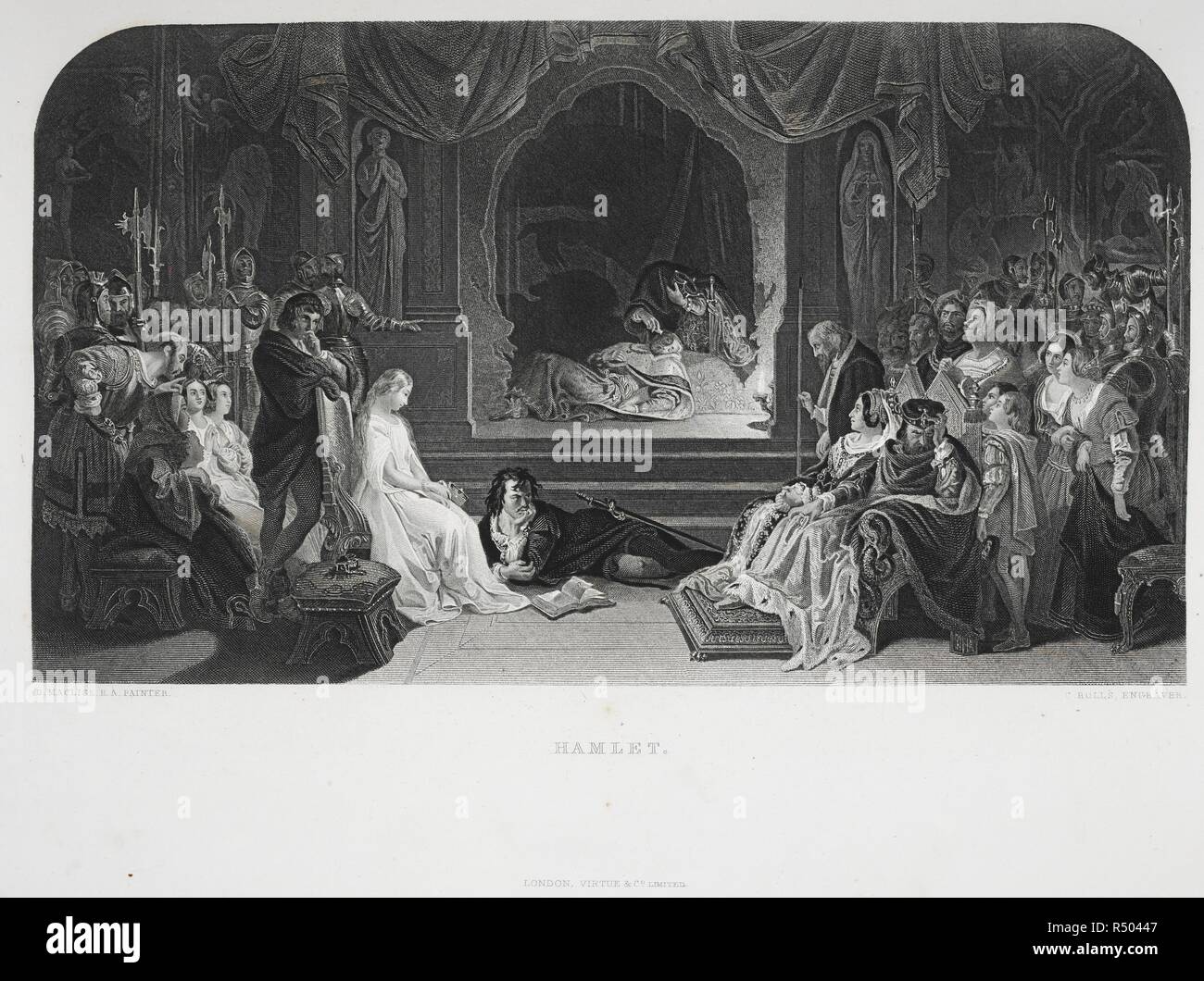 Eine Szene aus "Hamlet". Die Werke von shakspere. Imperial edition. Von Charles Knight, etc. London: J. S. Tugend & Co., [1877?] bearbeitet (mit einer Biographie). Quelle: L. R. 410. w.7, Seite 148. Sprache: Englisch. Autor: Shakespeare, William. MACLISE, DANIEL. Stockfoto
