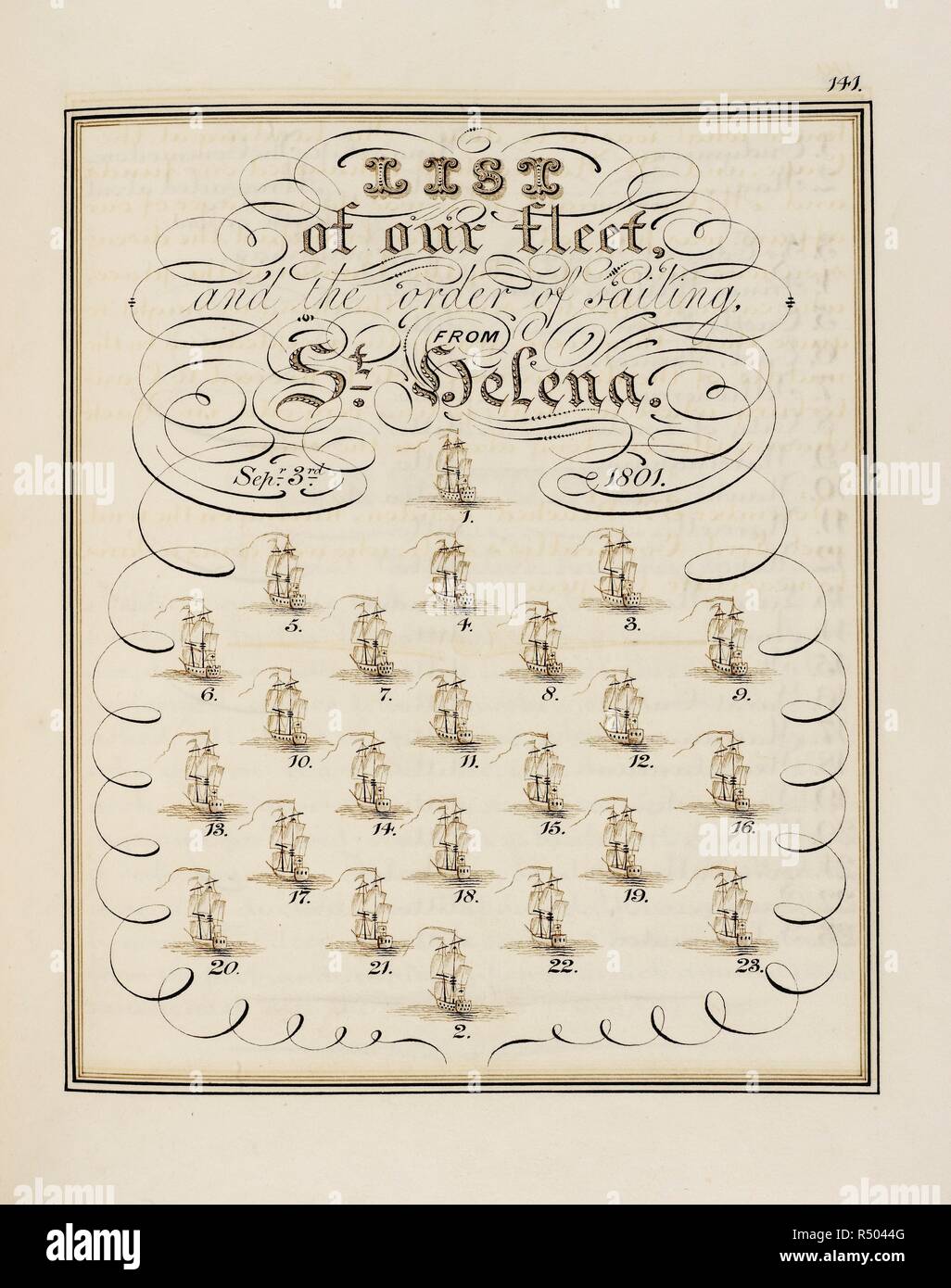 Journal Entry. Die Liste unserer Flotte und das Segeln von St. Helena. 1801. Eine Seereise von einer jungen Dame. . Indian Journal der Frau Charlotte Florentia Clive (1787-1866). London 1801. Clive, Lady Charlotte Florentia (1787-1866); indischer Journal der Frau Charlotte Florentia Clive (1787-1866), die mit Aquarellen illustrierte, einige wahrscheinlich durch ihre gouvernante, Anna Tonelli. Amtsblatt kopiert von professionellen Kalligraphen, W.H. Ramsay, c 1857. Quelle: WD4235 1. Sprache: Englisch. Stockfoto