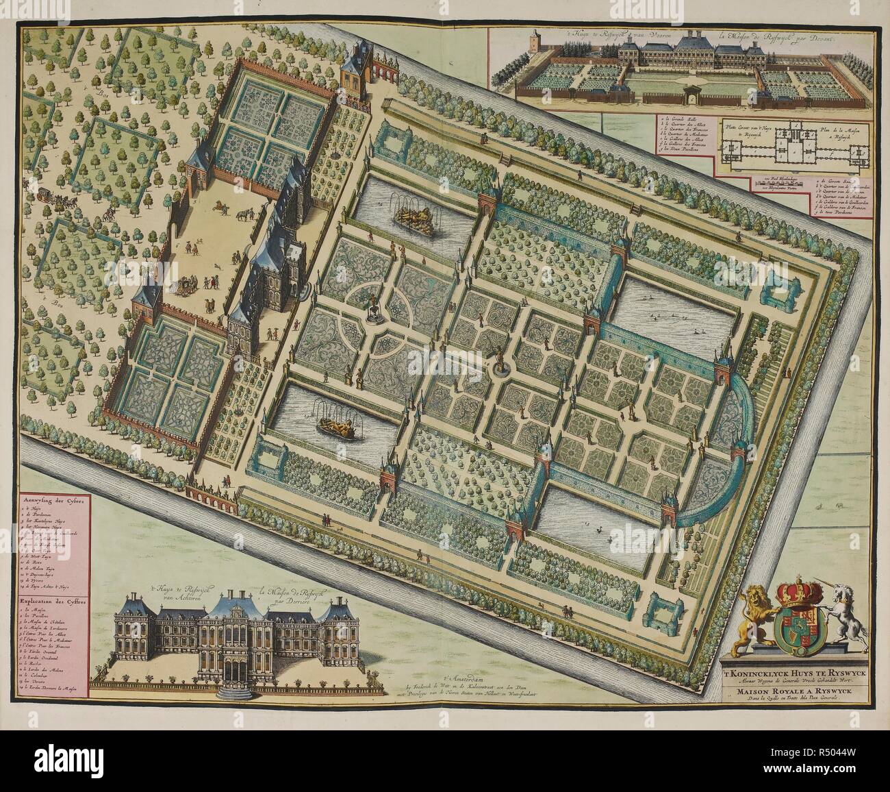 Der Königliche Palast in Rijswijk. Der Königliche Palast in Rijswijk, in denen die Verhandlungen für einen allgemeinen Frieden stattfinden (1697). Die Gärten an der Vorderseite des Hauses, in der die eingefügten Ansicht gezeigt, unterscheiden sich im Aussehen von denen auf der Hauptseite Drucken gezeigt. Während der allgemeine Aufbau der wichtigsten Gärten auf der Rückseite des Schlosses die gleichen geblieben waren, hatten sie sich mit der Entfernung der Statuen und der zahlreichen Garten Pavillons vereinfacht. . Quelle: Karten C.9.e.8. (68). Sprache: Holländisch. Autor: Milheusser, J. Stockfoto