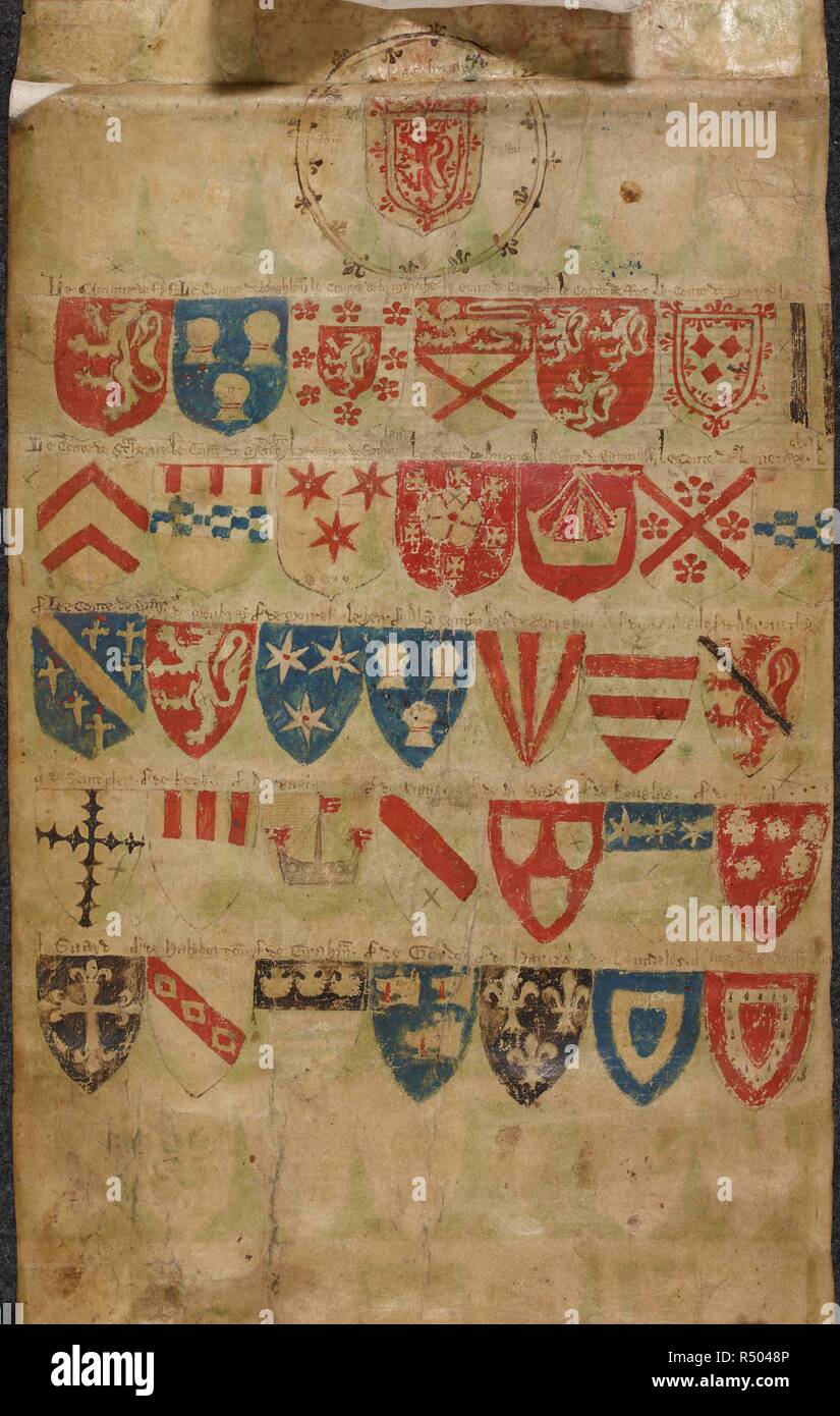 Die balliol Roll ist auf der dorse der letzten Membran von Cookeâ €™ bemalt s Ordentlichen. Es enthält die Arme von Edward Balliol (d. 1364), Antragsteller auf den schottischen Thron, gefolgt von der Schirme von dreißig - fünf seiner wichtigsten Unterstützer, in fünf Reihen von sieben angeordnet, zusammen mit den Namen der einzelnen Träger der Arme. Cooke ist Ordinarius und dem Balliol Rollen. England, c 1340. Cookeâ € ™ s Ordinarius ist angeblich das älteste europäische ordentlichen von Waffen in Existenz; England, c 1340. Latein. Es umfasst sieben Membranen (der erste ist bruchstückhaft), mit 589 Schilde durch kostenlos in 80 arrangiert - acht Ro Stockfoto