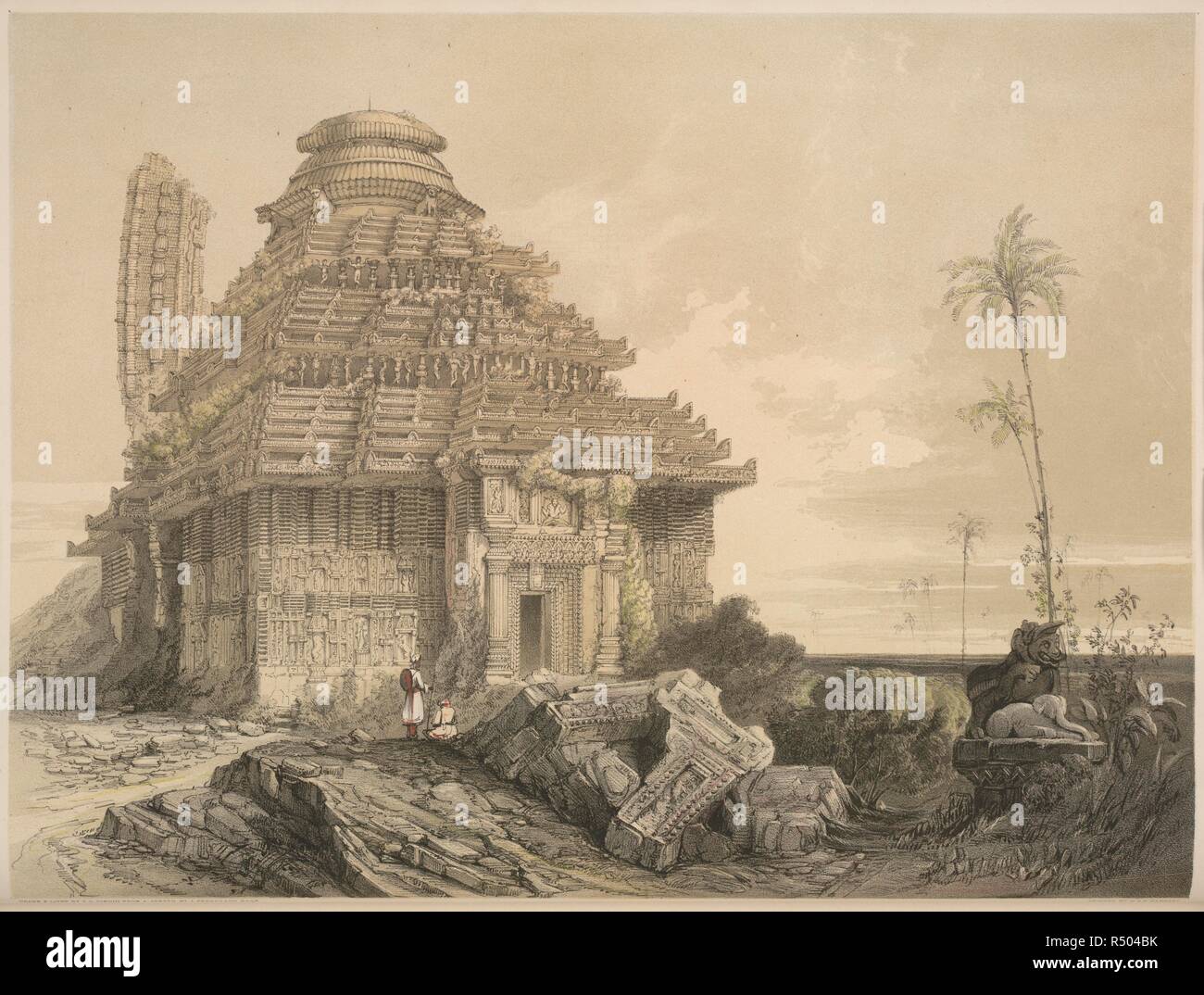 Tempel des Kanarug. Antike Architektur in Hindoostan. 1847. Der sonnentempel von konarak ist einer der berühmtesten Tempel in ganz Indien, und gilt als höchste Errungenschaft der Oriya Architektur. Die Europäer zur Zeit des Fergusson wusste es, als der Schwarze Pagode, ein Verweis auf verlassene Orte, die Einheimische beschrieben als Kala, d. h. leer. Vermutlich in der Mitte des 13. Jahrhunderts wurde von narasimhadeva der Östlichen Ganga Dynastie, der Tempel in den Ruin, wenn der 227 Meter hohe Hauptturm, eingestürzt hinfällig errichtet zu haben. Quelle: X 472, Platte 3. Stockfoto