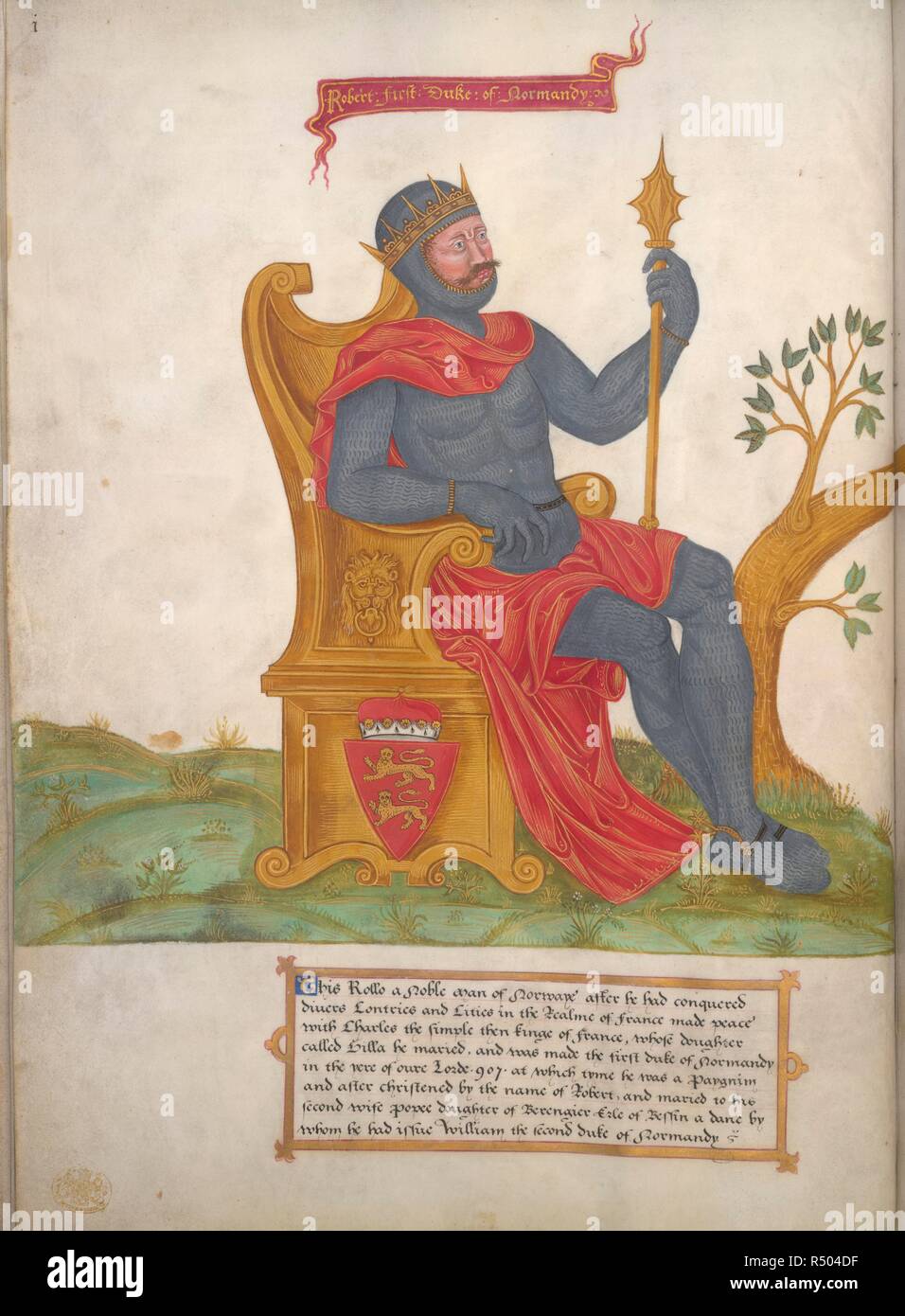 Rollo (Robert), Herzog der Normandie, sitzt das Tragen von Kettenhemden; die genealogischen Baum aus der Nähe von seinen Füßen. Genealogie der Königin Elizabeth I. in England; c. 1567. Quelle: King's 396, f4v. Sprache: Englisch. Stockfoto