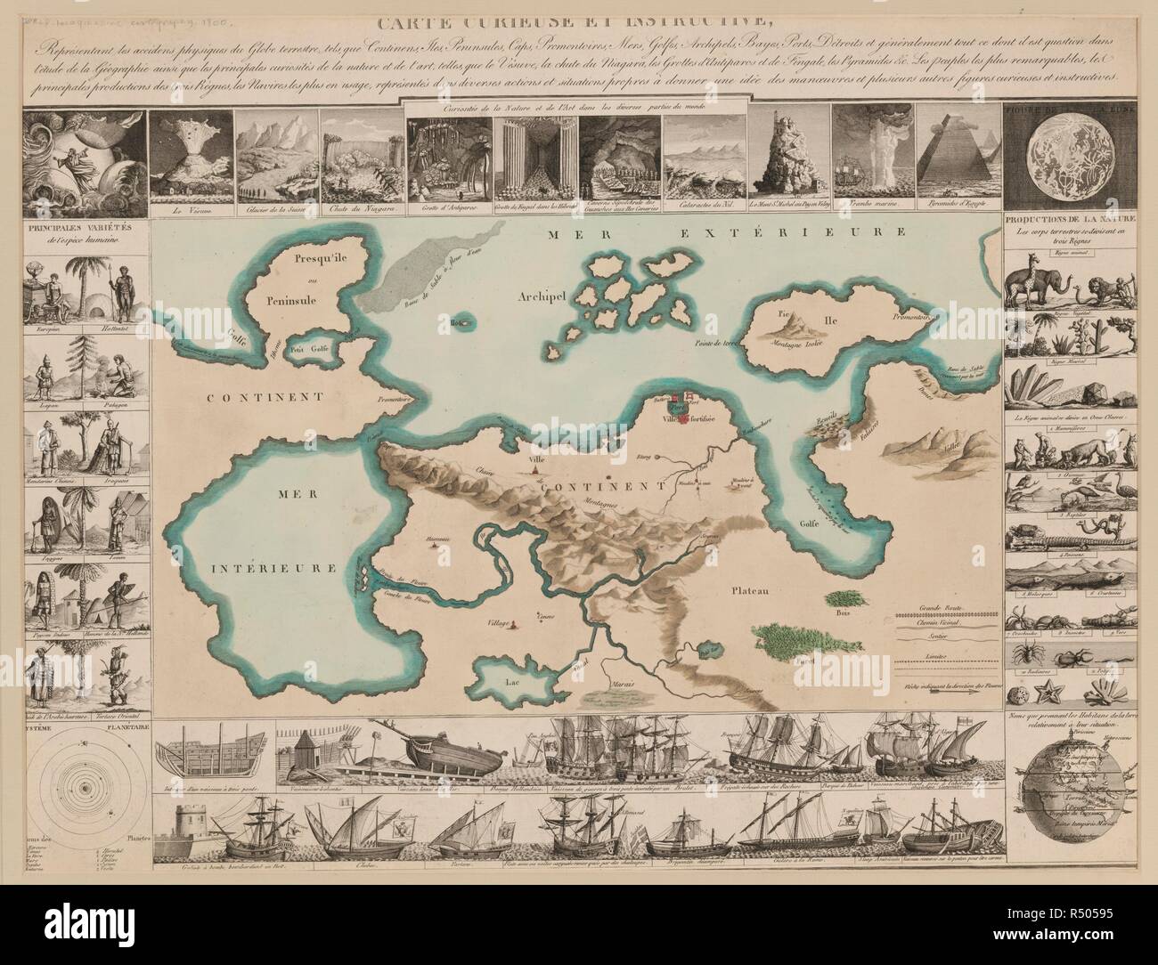 Kuriositäten rund um die Welt. Carte curieuse et lehrreich, reprÃ©sentant Les ac. [Paris?]: [s. n.], [1800?]. Quelle: Maps.185. r. 2. (1). Sprache: Französisch. Stockfoto