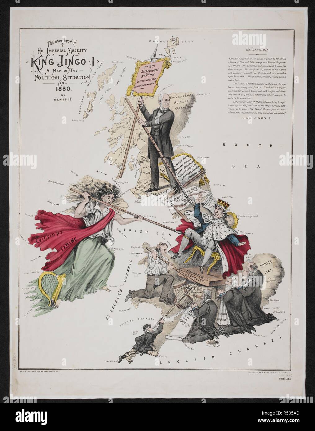 Eine satirische Karte der Britischen Inseln. Der Sturz Seiner Kaiserlichen Majestät König Jingo I. eine Karte der politischen Situation im Jahr 1880. Von Nemesis. [D. h. Frederick W. Rose]. London: G.W. Bacon & Co., [1880]. 38 x 60 cm. Quelle: Maps. 1078. (44). Stockfoto