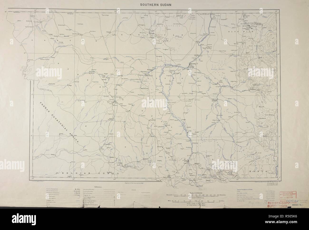 Karte des südlichen Sudan, datiert 1950. [Eine Sammlung von Karten von Sudan]. Direktion der militärischen Übersichtskarte Bibliothek. [S.l.] : [s.n.], 1959. Quelle: Maps.66800. (4). Stockfoto