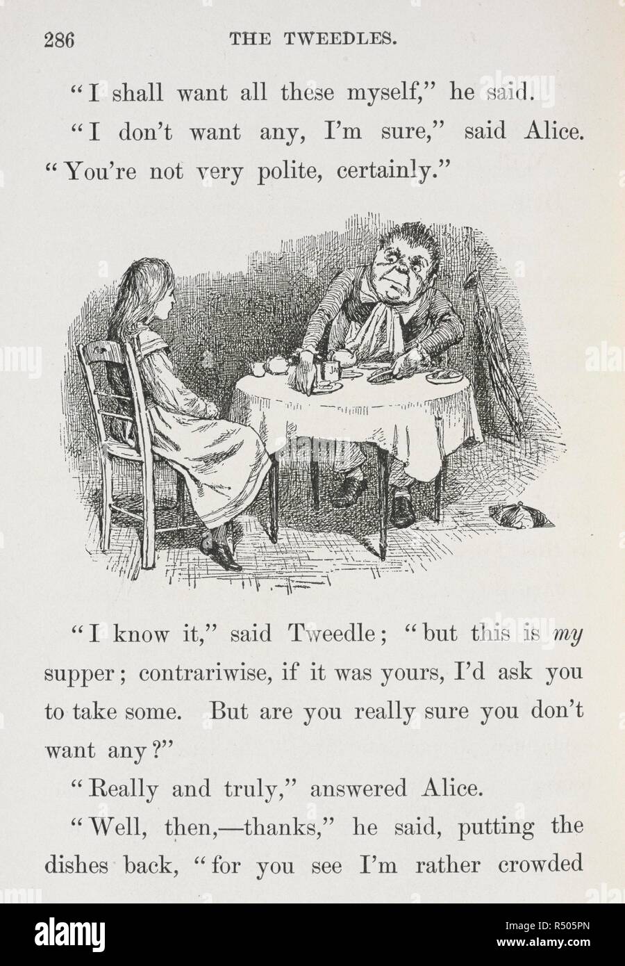 Alice sitzt an einem Tisch mit tweedle. Ein neues Alice im Wunderland [Alt eine Fortsetzung von "Alice im Wunderland" und â € das Looking Glass "' von Lewis Carroll. Das Vorwort unterzeichnet: A. M.R., Sr., d. h. Anna M. Richards senior?] mit 67 Illustrationen von Anna M. Richards, jr. Philadelphia: J. B. Lippincott Co., 1895. Quelle: 012807. k.32 Seite 286. Stockfoto