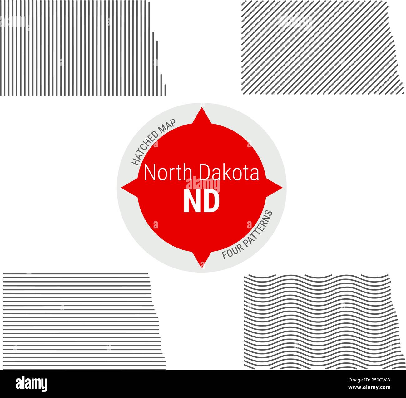 Schraffierte Muster vektorkarte von North Dakota. Stilisierte Einfache Silhouette von North Dakota. Vier verschiedene Muster Stock Vektor