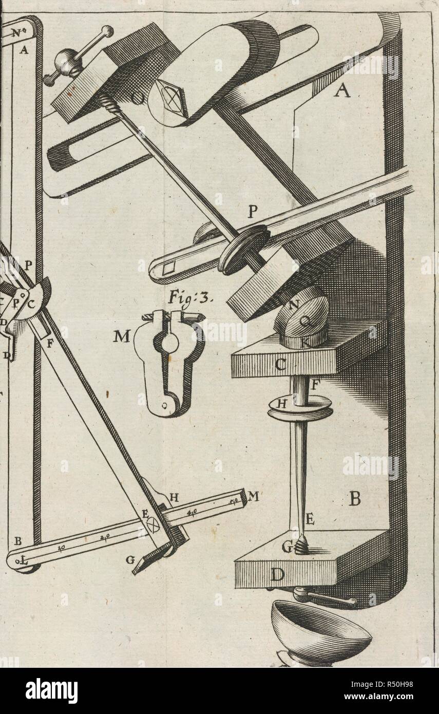 Mechanische Instrument. Micrographia, oder einige physiologische Beschreibungen o. I. Martyn und J. Allestry: London, 1665. Quelle: G. 1524, Abbildung 3. Sprache: Englisch. Stockfoto