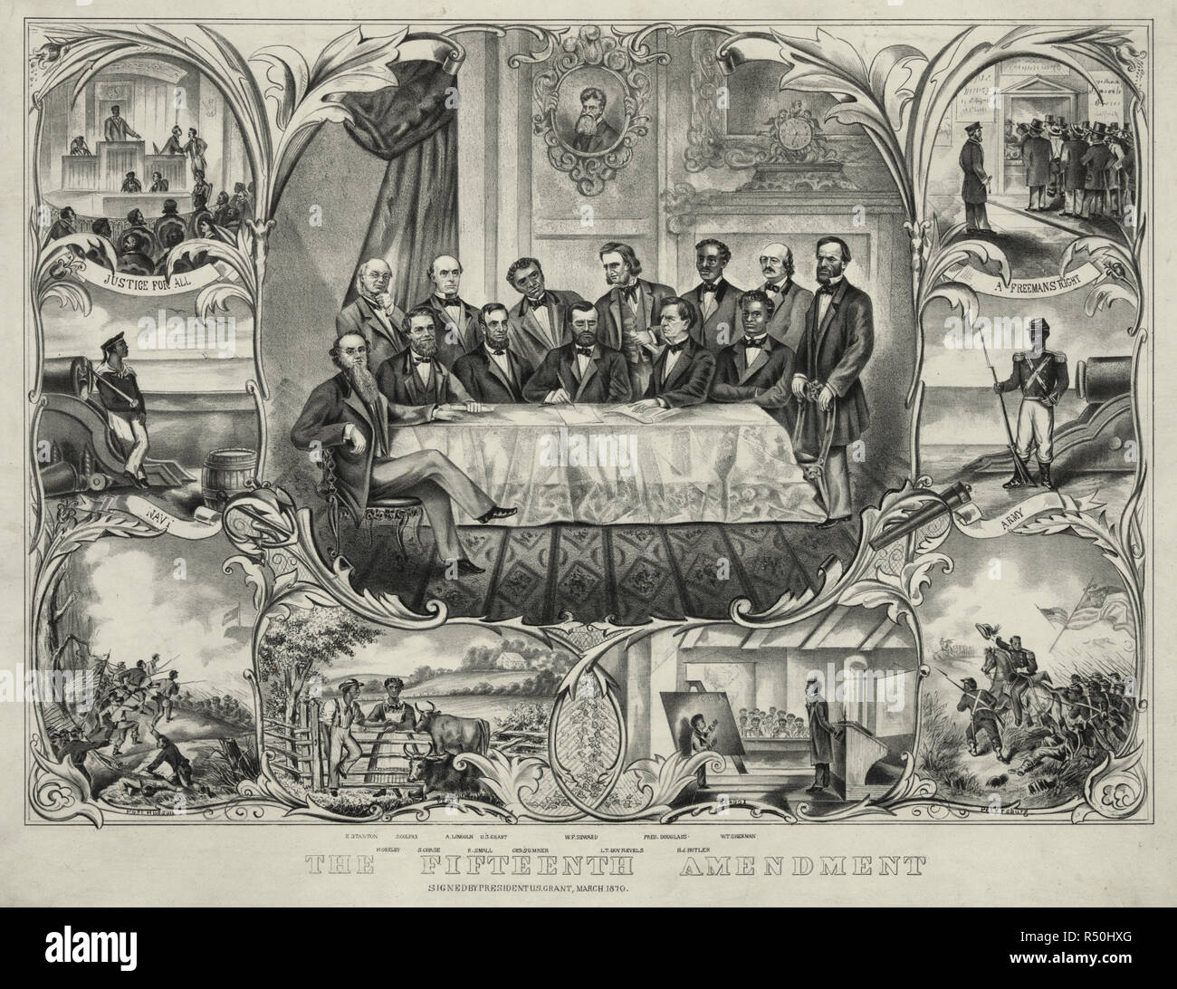 Der fünfzehnten Änderung - Drucken Übersicht Präsident Grant in der Mitte eines großen Tisch sitzen, mit mehreren Männern um gruppierte, Unterzeichnung der 15. änderung Gewährung, dass das Wahlrecht nicht auf Grund der Rasse oder Farbe verweigert werden. Von links, Sitzen und Stehen, sind "E. Stanton, H. Greley [d.h., Greeley], S. Colfax, A. Lincoln, R. Klein [s], US Grant, Chs. Sumner, W.F. Seward, Leutnant. Revels, Fred. Douglass, B.J. [D. h., F.] Butler, [und] W.T. Sherman." Brief an die Seiten und die Unterseite zeigen Afrikanische Amerikaner in den militärischen Dienst, in der Schule, auf dem Bauernhof, und Abstimmung. Kopf und Schultern p Stockfoto