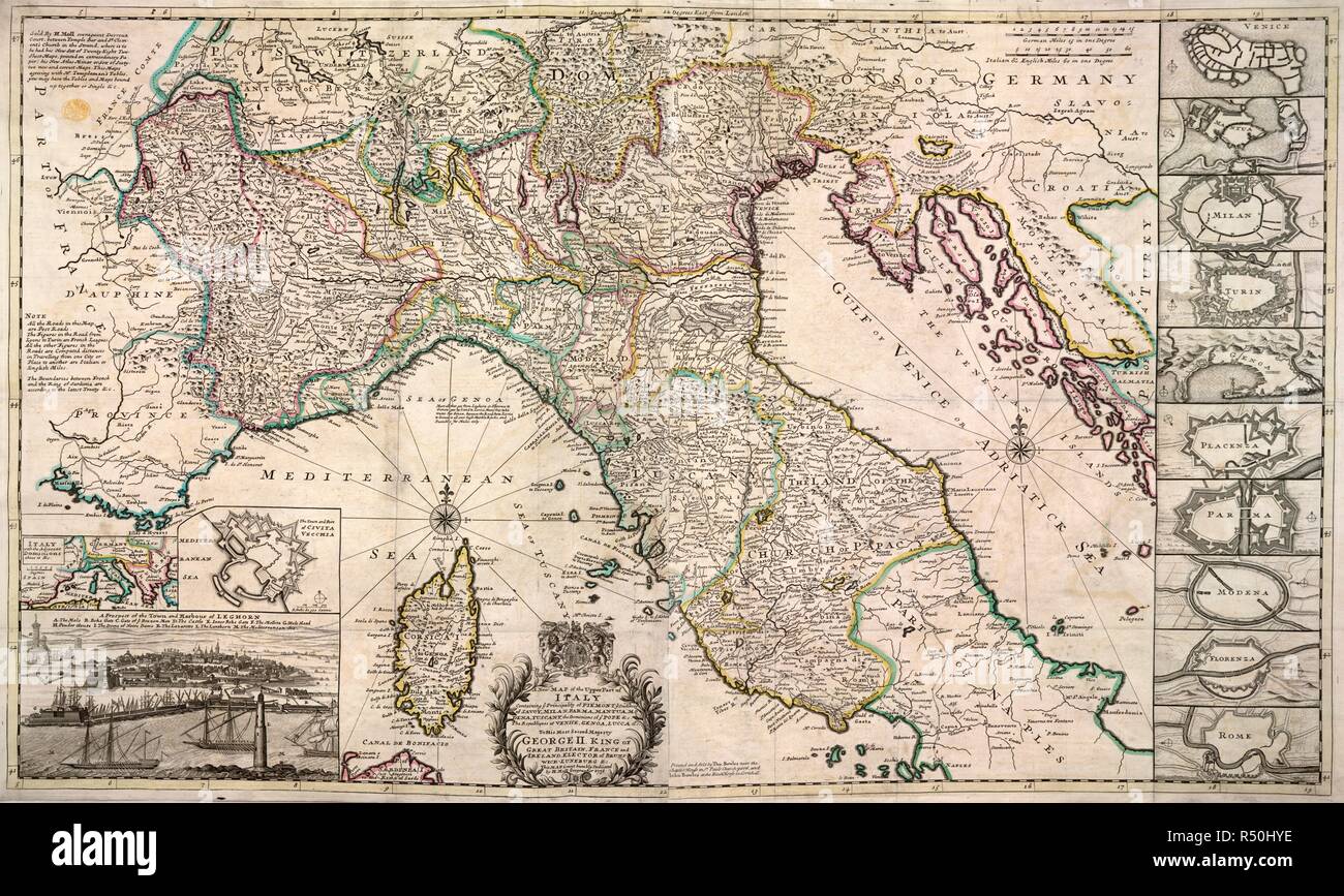 Eine Straßenkarte von Norditalien. Eine neue Karte der obere Teil von Italien, die ihr Fürstentum Piemont Ihr dutchies von Savoyen, Mailand... ([Mit Plänen der] Venedig, Mantova, Mailand, Turin, Genua, Placenza, Parma, Modena, Florenza, Rom). London, [1731?]. Quelle: Karten K. Top. 75.74. Sprache: Englisch. Autor: MOLL, Herman. Stockfoto