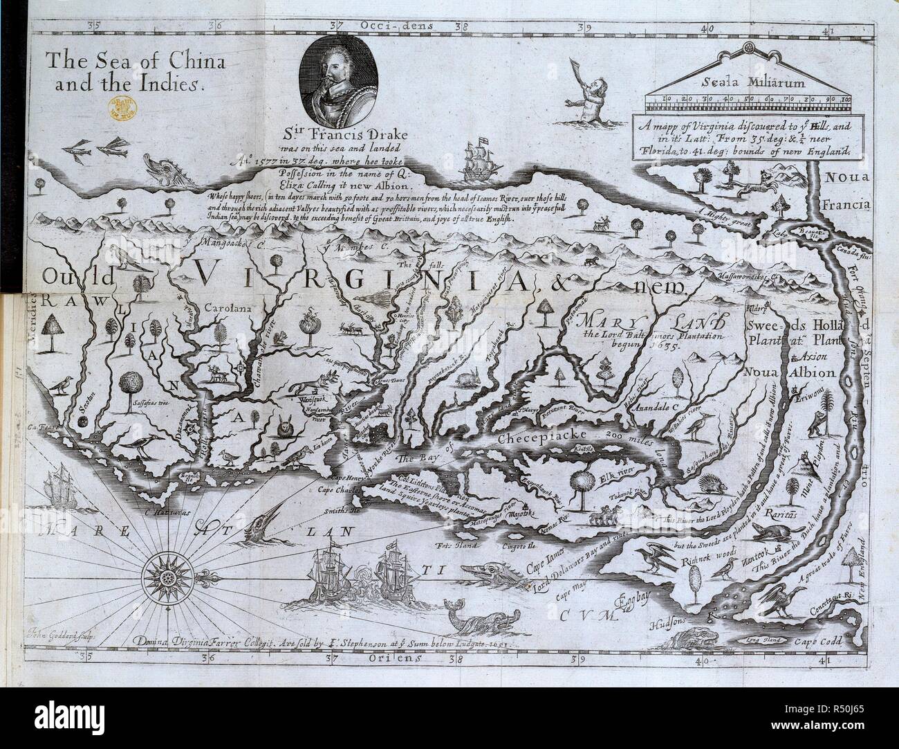 Karte von Virginia. Die Entdeckung der Neuen Brittaine. Begann am 27. August.. Thomas Harper für John Stephenson: London, 1651. Quelle: 278.a.3. Stockfoto