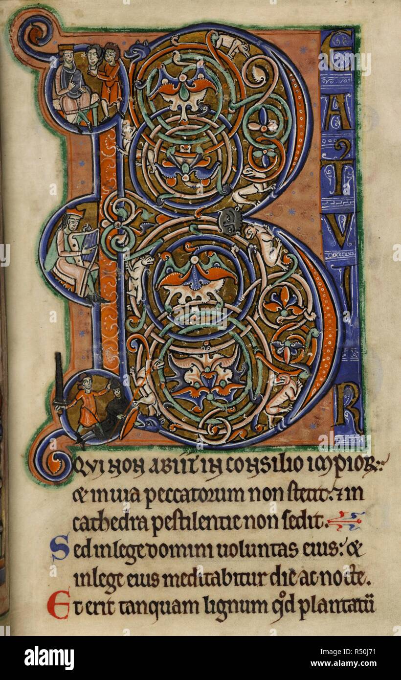 Historisierte Initiale 'B' (eatus) mit Medaillons von David und Goliath, Kopf des David spielt die Harfe, und David Enthauptung Goliath, am Anfang von Psalm 1. Psalter, mit Litanei, Gebete und Ostern Tabellen (die "Westminster Psalter"). England, S. (Westminster oder St. Albans); c. 1200. Quelle: Royal 2 A. XXII, f 15. Sprache: Latein. Stockfoto
