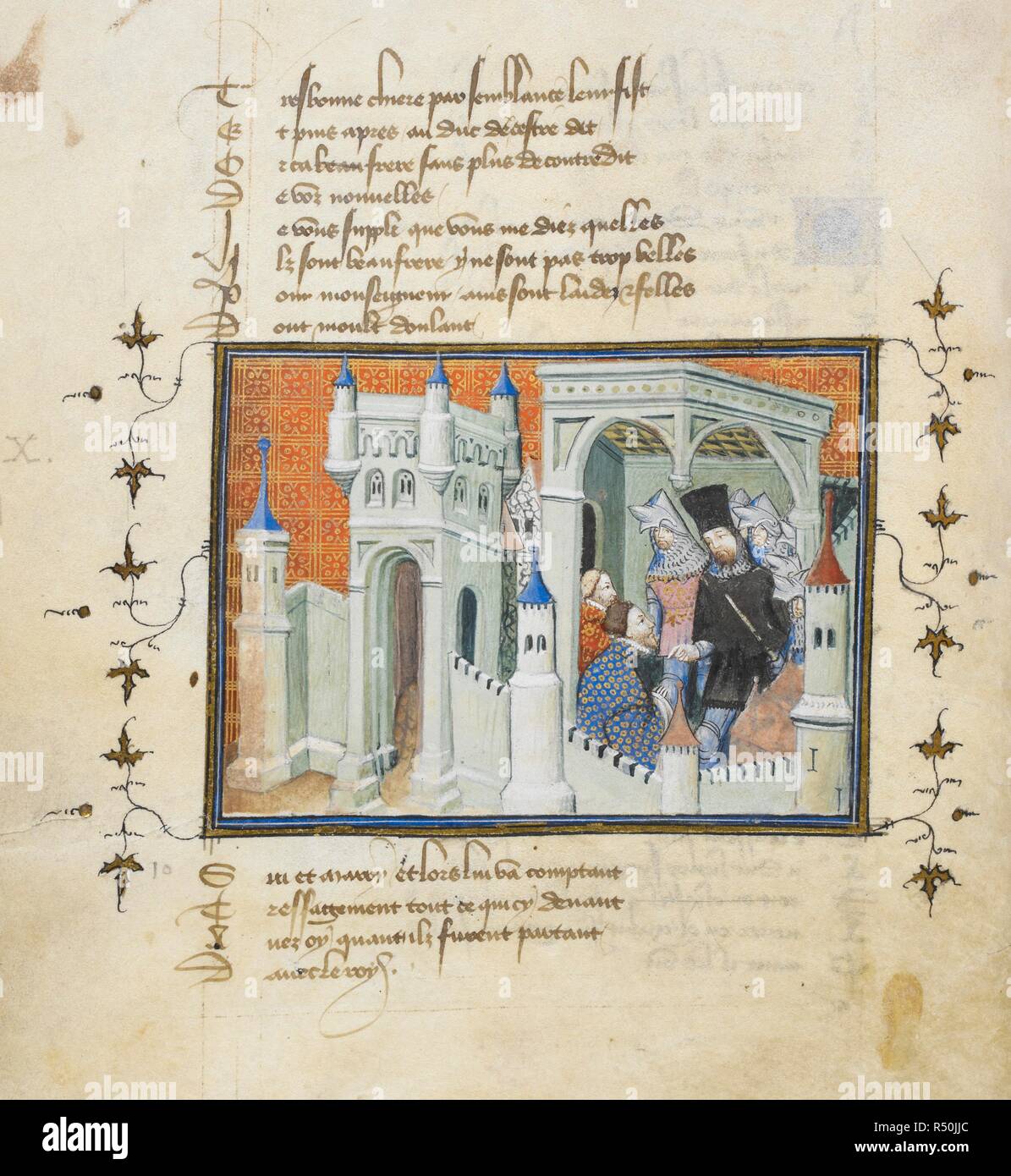 Das Treffen zwischen Henry Bolingbroke und die Herzöge. La Prinse et Mort du Roy Richart (Buch der Abscheidung und Tod von König Richard II.). Frankreich, 1401-1405. Quelle: Harley 1319 w.30 v. Sprache: Französisch. Autor: JEAN CRETON. Das VIRGIL-Master. Stockfoto