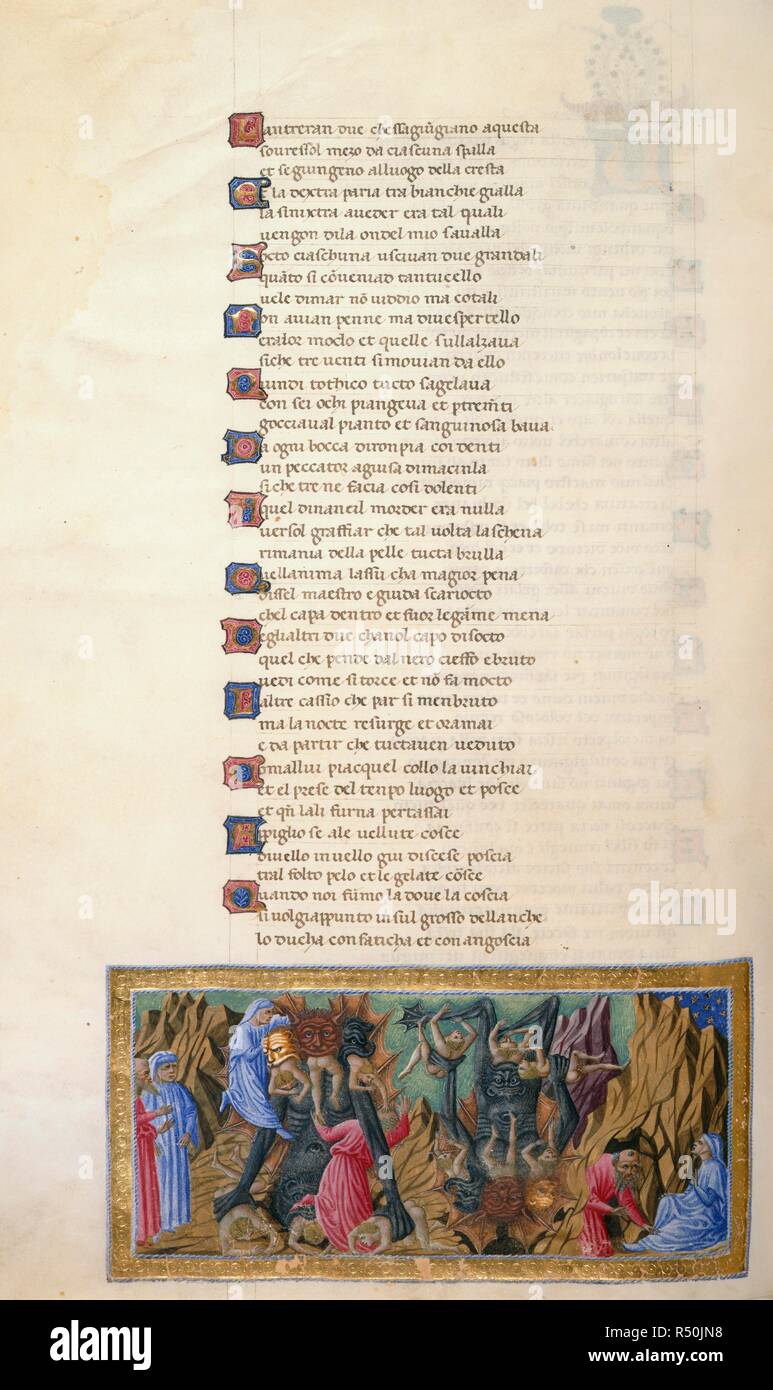 Inferno, Canto XXXIV. Miniatur zeigt Dante und Vergil, Dante und Vergil klettern sie Luzifer; Verräter; Luzifer, mit der Oberseite nach unten dargestellt; Virgil ergibt sich aus der Ausfahrt der Hölle, Dante sitzt; Stern über. Die göttliche Komödie. Italien [Toskana]; 1442-1450. Quelle: Yates Thompson 36, w.62 v. Sprache: Italienisch. Autor: DANTE ALIGHIERI. Rei della Quercia. Stockfoto