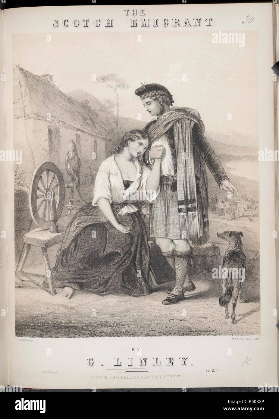 Musik abdecken. Zwei schottische Leute, ein Mann und eine Frau außerhalb einer Hütte. Die Scotch Emigrant. [Beginnt: 'Oh fare dir gut, meine bonnie Jean'.]. London, [1853]. Quelle: H. 1295. (30.). Autor: Linley, George. Stockfoto