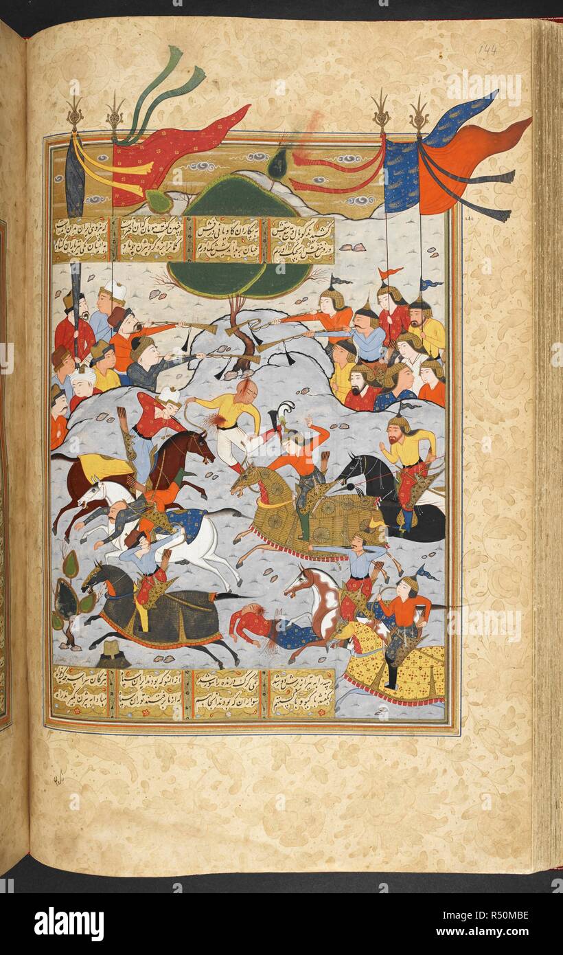 Die Schlacht um den Berg Hamawan zwischen den Armeen von Gudarz und Piran. Shahnama des Firdawsi, mit 56 Miniaturen. 1580 - 1600. Quelle: I.O. Islamische 3540, w.144 v. Sprache: Persisch. Stockfoto