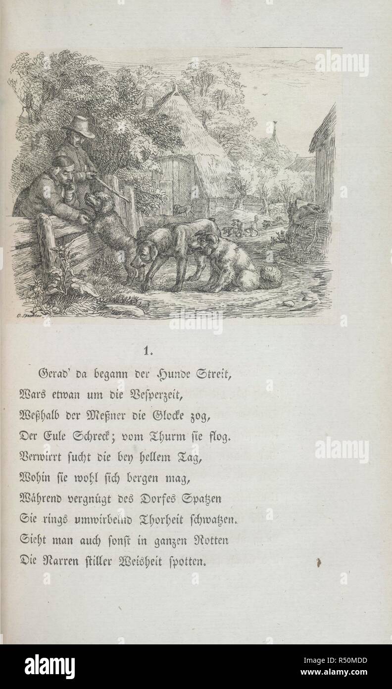 Hunde. Kynalopekomachia. Der Katzen Fuchsenstreit... Mit. Lübeck, 1835. Ein Mann, der einem Hund die Pfote. Kupfer - Gravur von der Künstlerin. Bild aus Kynalopekomachia genommen. Der Katzen Fuchsenstreit mit sechs Bildern von O. Speckter... Ursprünglich veröffentlicht in Lübeck, 1835 produziert. . Quelle: 1462. e.21, Platte 3. Sprache: Deutsch. Stockfoto