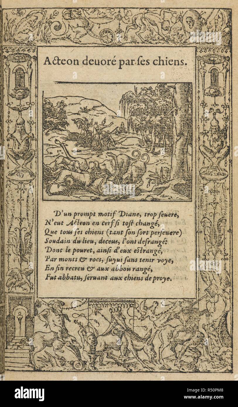 Eine Jagd Szene: ein Rudel Hunde angreifen ein Reh. La MeÌtamorphose d'Ovid figureÌe. [Platten, die Themen aus den Metamorphosen. Von B. Salomon, mit Erklärungen in Vers.]. Lyon: J. de Tournes, 1583. Quelle: 11388.aa.24, C7 r. Stockfoto
