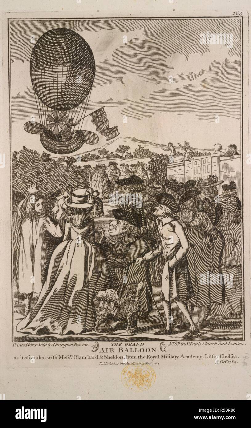 Der Grand Ballon. Jean-Pierre Blanchard und John Sheldon aufsteigend in einem Ballon auf den 16. Oktober, 1784. Eine Sammlung von breitseiten, Stecklinge von newspape. 1780?-1810?. Der Grand Ballon, wie er auffuhr mit den Herren Blanchard & John Sheldon, von der Royal Military Academy, ein wenig Chelsea, 16. Okt. 1784. Jean Pierre Français ois Blanchard (1753-1809), eine französische Ballonfahrer, der Erfinder des Fallschirms, war bei La Haye mit einer getötet. Er war der erste Mensch, mit John Jeffries, ein Amerikaner, der den Ärmelkanal von Ballon zu überqueren, von Dover nach Calais im Jahr 1785. Bild aus einer Sammlung von b genommen Stockfoto