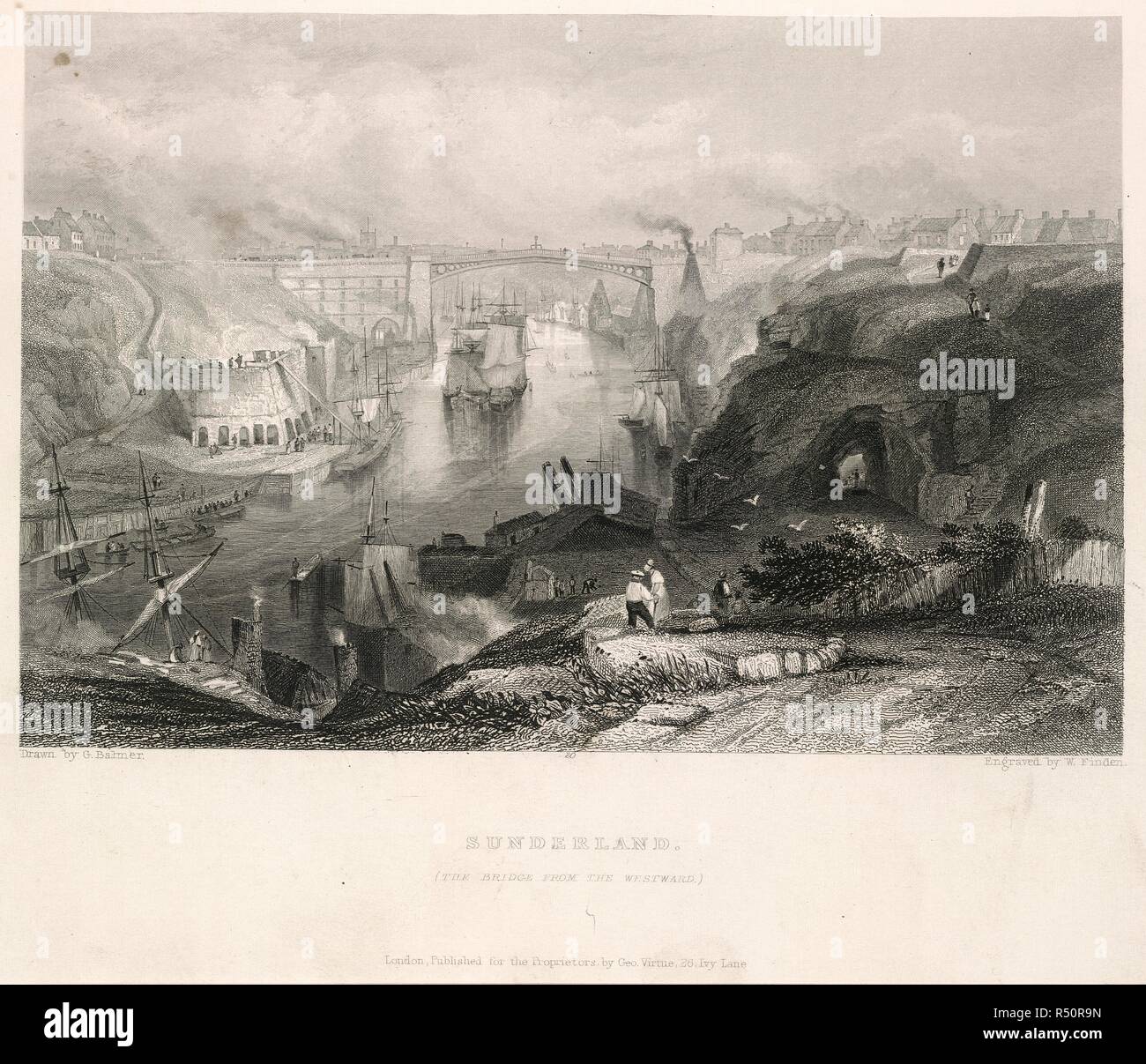 Sunderland. Die Häfen, Bewässerung - Orte und Küste sc. London: George Tugend, 1842. Sunderland. (Die Brücke aus dem Westen). Bild aus den Häfen getroffen, Bewässerung - Orte und Küste Landschaft von Großbritannien. Illustriert von Ansichten auf der Stelle übernommen, die mit W. H. Bartlett, mit Beschreibungen von William Beattie. (Findens Aussicht auf die Häfen, Hafenanlagen und Tränken von Großbritannien. vol. 1: Ansichten von den Herren Harding, Creswick, Cooke und Palmer. Beschreibungen von W. A. C. [d. h. William Andrew Chatto.] - Vol. 2. Ansichten von Herrn Bartlett. Beschreibungen von Dr. Beattie.). Ursprünglich veröffentlicht. Stockfoto