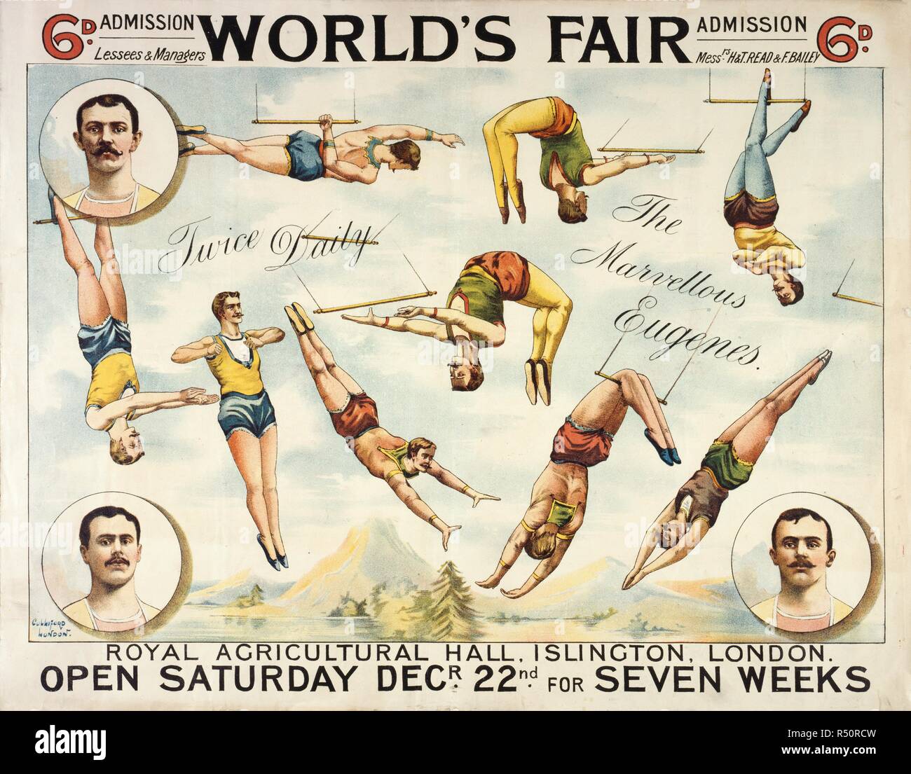 Royal Agricultural Hall, Islington. World's Fair, C. 1885. Pächter und Manager die Herren H. und T. Lesen & F. Bailey. Die wunderbare Eugenes. Der Fliegende Eugenes wurden von Alfred Eugene Cooke 1880 erstellt und Thomas und Robert Eugene (Turner, J. M. viktorianischen Arena. Die Darsteller. Drücken Sie Lingdales, Formby, 1995). Eine Sammlung von Broschüren, Handzettel, und sonstige Drucksachen im Zusammenhang mit viktorianischen Unterhaltung und Alltag. Culliford London, C. 1885. Akrobaten; Luftakrobaten. Quelle: Evan. 444. Autor: Evanion, Henry. Stockfoto
