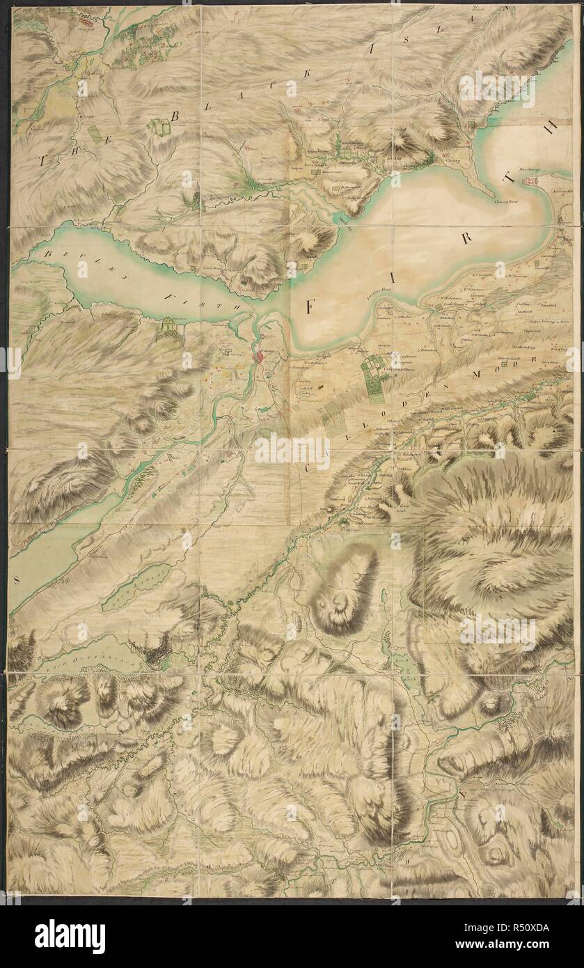 Karte von post Jacobean Schottland im Jahr 1755, 10 Jahre nach der Schlacht von Culloden. Das land von Culloden und Inverness. Die Roy Karte von Schottland. Eine sehr große und sehr fertig gefärbten militärische Erhebung des Königreichs Schottland, exklusive der Inseln, im Auftrag von William Augustus, Herzog von Cumberland, ausgeführt von Generalmajor Lieutenant [danach] William Roy, und andere Offiziere, die unter der Oberaufsicht von lieut.-Col. David Watson, Stellvertretender Quarter-Master der Kräfte, die in den Jahren 1747-1755 auf einer Skala von ungefähr zwei Zoll zu einer Meile gezogen: Es ist in 38 compartme unterteilt Stockfoto