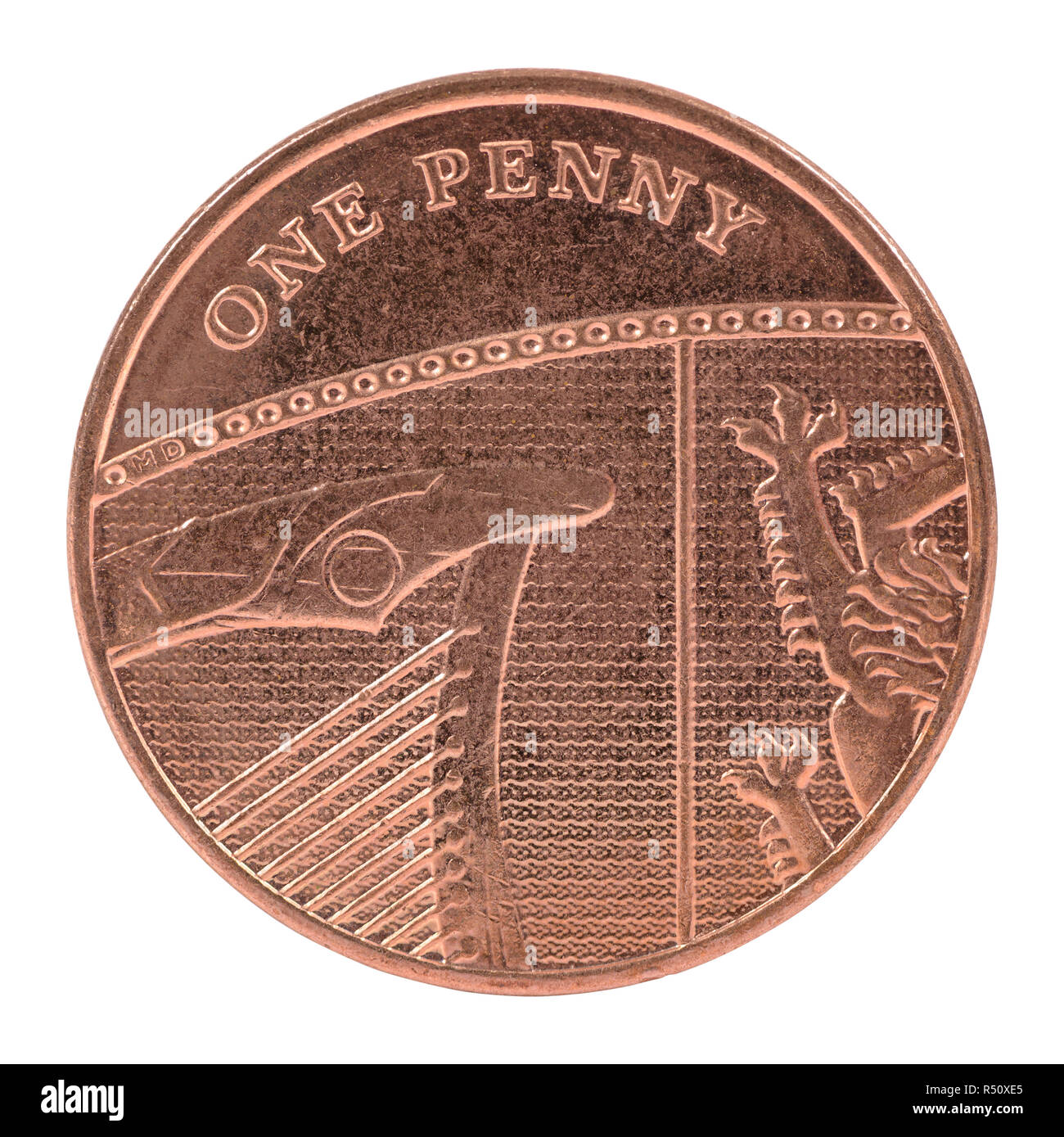 Münze der britische Penny auf weißem Hintergrund mit Freistellungspfad isoliert Stockfoto