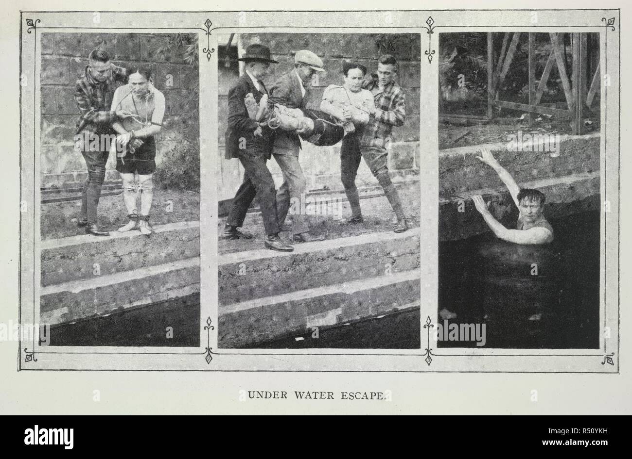 Unter Wasser entziehen. Drei Fotografien Harry Houdini Durchführen einer Flucht Trick. Magische Seil Bindungen und entgeht... Ill., usw. Werden Goldston: London, [1921]. Quelle: 7911. df.66, gegenüber 58. Sprache: Englisch. Stockfoto
