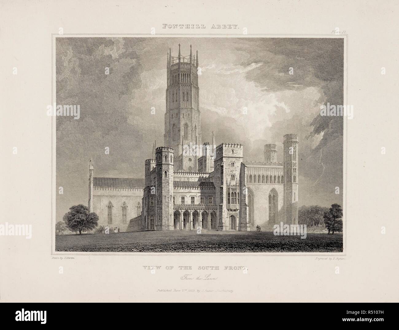 Abbildung: Fonthill Abbey in Wiltshire. Gravur. 1823. . Abgrenzungen von Fonthill und seine Abtei. Von J.Rutter. London. J. Rutter. Abgrenzungen von Fonthill und seine Abtei. Von J.Rutter. Fonthill Abbey, Wiltshire. 1823. Quelle: 191. e.6 gegenüber 71. Autor: Riutter, J. Stockfoto
