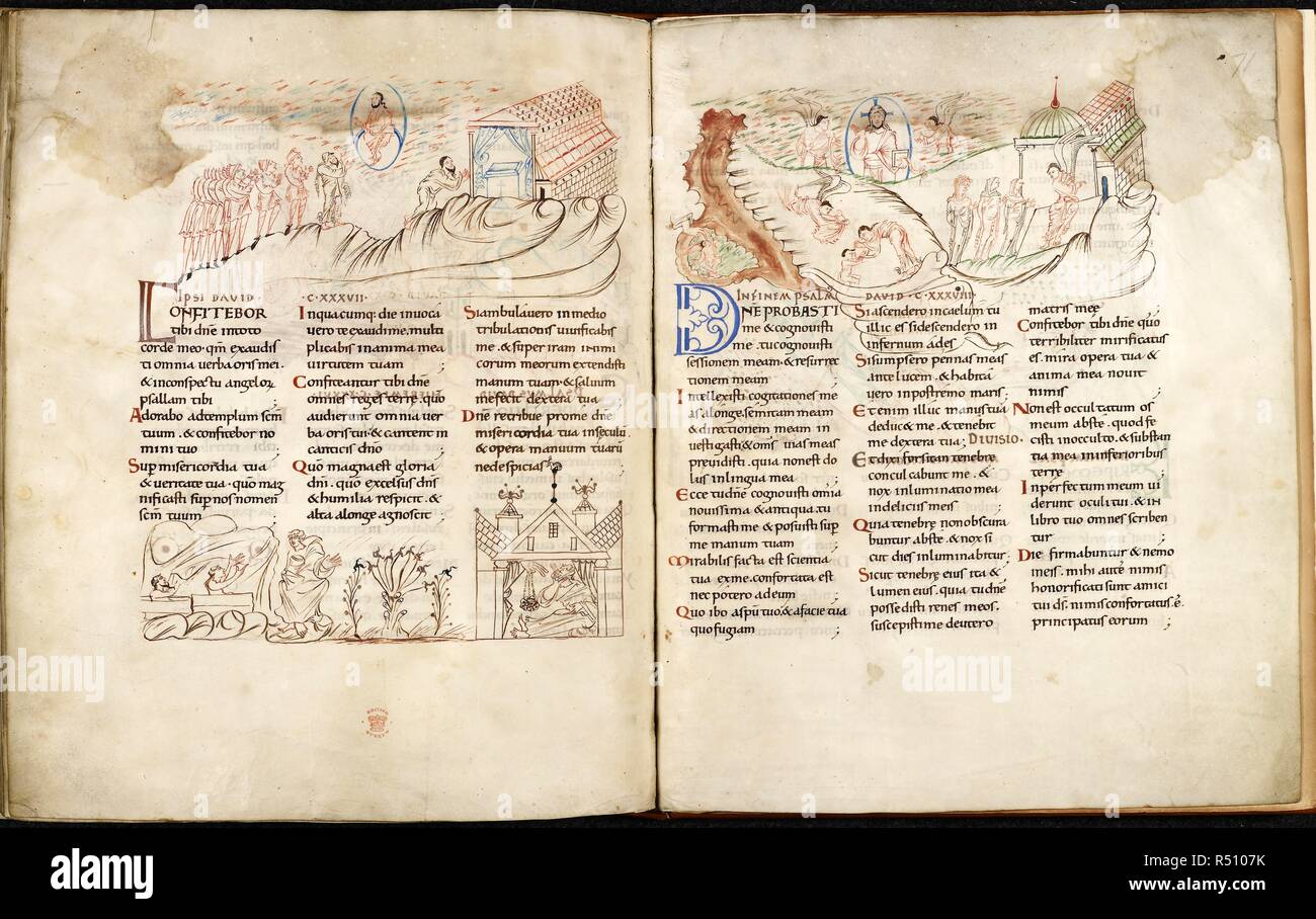 Doppelseite von Harley Psalter mit Federzeichnungen. Psalter (Harley Psalter). England, S.E. (Canterbury). Psalter, in die Römische Version, unvollkommene, endet in Psalm 143 (die "Harley Psalter") England, S.E. (Canterbury); 1. Hälfte des 11. Jahrhunderts. Quelle: Harley 603 ff 70 v-71. Sprache: Latein. Stockfoto