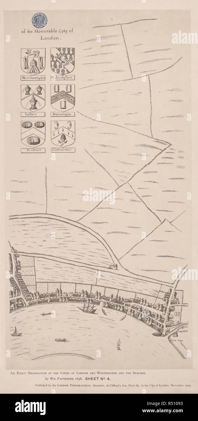 Karte des Herrn Abgeordneten in der Londoner City. Schilde und Wappen der Gilden. . Civitas Londinum. Plan von London ca. 1560-70. London: London topographische Gesellschaft. Im Jahr 1905 veröffentlichte und von Ralph Agas. [Gesammelt und von den Kopien in der Guildhall Library, London reproduziert, und Magdalene College in Cambridge]. Quelle: Karte 183. S. 1. (2). Sprache: Englisch. Stockfoto